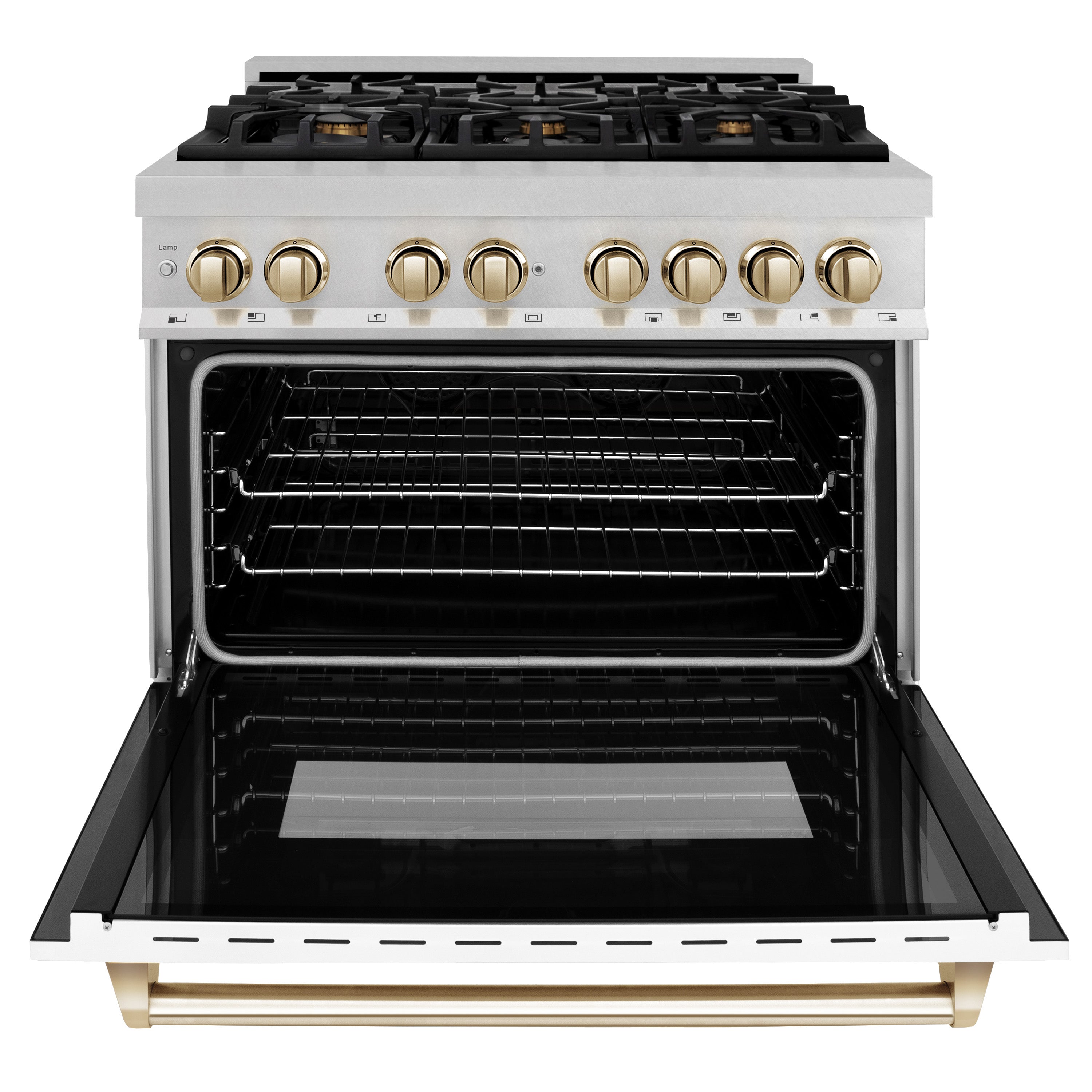 ZLINE Autograph 36 in. 4.6 cu. ft. Legacy Dual Fuel Range with 6 Burner Gas Cooktop and Electric Convection Oven in Satin Stainless Steel with White Matte Door and Polished Gold Accents (RASZ-WM-36-G)