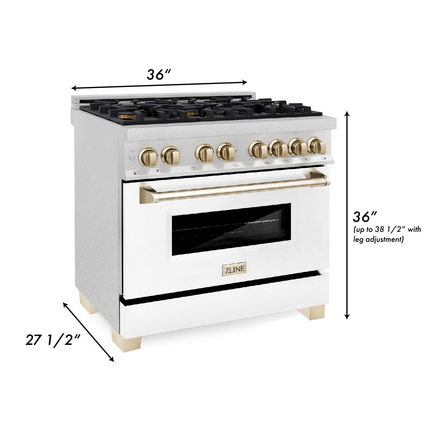 ZLINE Autograph 36 in. 4.6 cu. ft. Legacy Dual Fuel Range with 6 Burner Gas Cooktop and Electric Convection Oven in Satin Stainless Steel with White Matte Door and Polished Gold Accents (RASZ-WM-36-G)