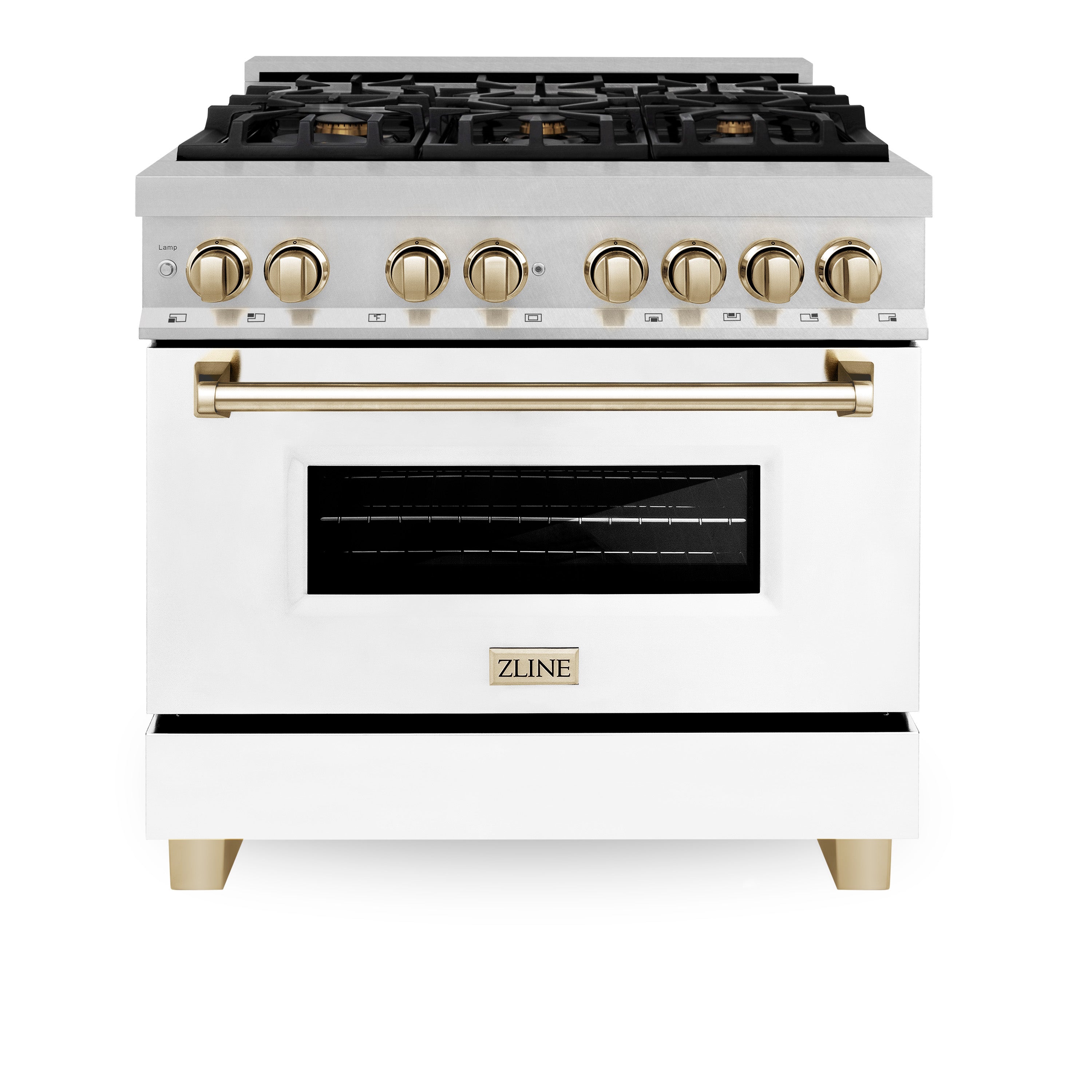 ZLINE Autograph 36 in. 4.6 cu. ft. Legacy Dual Fuel Range with 6 Burner Gas Cooktop and Electric Convection Oven in Satin Stainless Steel with White Matte Door and Polished Gold Accents (RASZ-WM-36-G)