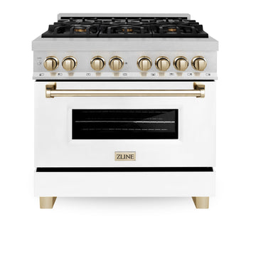 ZLINE Autograph 36 in. 4.6 cu. ft. Legacy Dual Fuel Range with 6 Burner Gas Cooktop and Electric Convection Oven in Satin Stainless Steel with White Matte Door and Polished Gold Accents (RASZ-WM-36-G)
