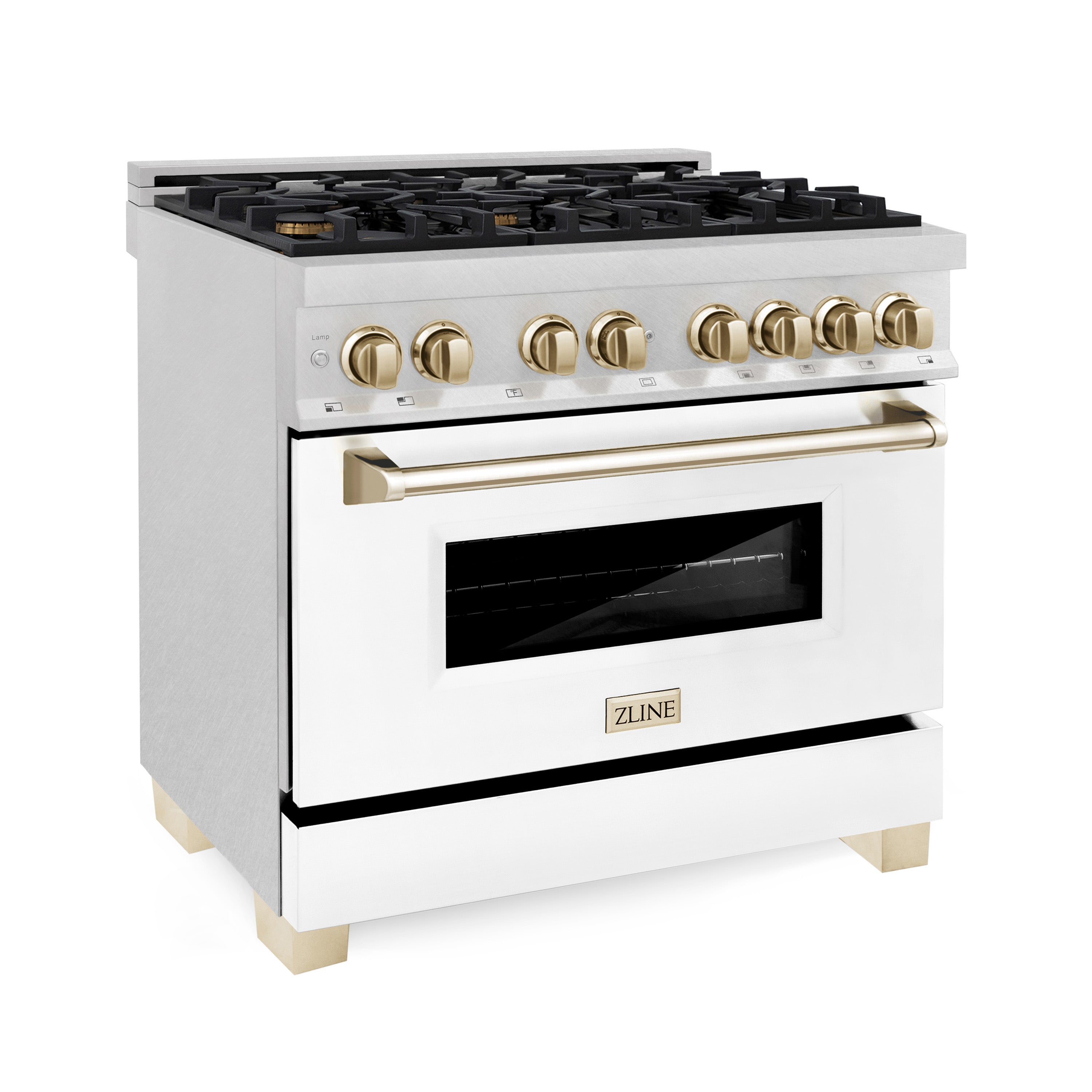 ZLINE Autograph 36 in. 4.6 cu. ft. Legacy Dual Fuel Range with 6 Burner Gas Cooktop and Electric Convection Oven in Satin Stainless Steel with White Matte Door and Polished Gold Accents (RASZ-WM-36-G)