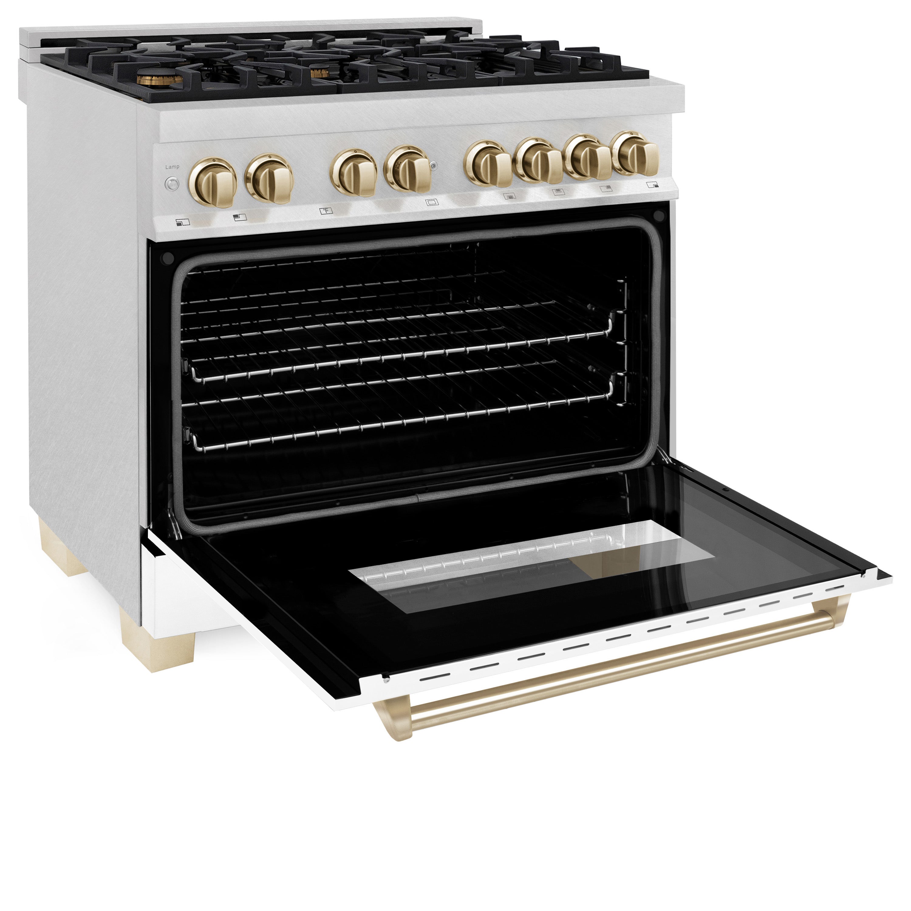 ZLINE Autograph 36 in. 4.6 cu. ft. Legacy Dual Fuel Range with 6 Burner Gas Cooktop and Electric Convection Oven in Satin Stainless Steel with White Matte Door and Polished Gold Accents (RASZ-WM-36-G)