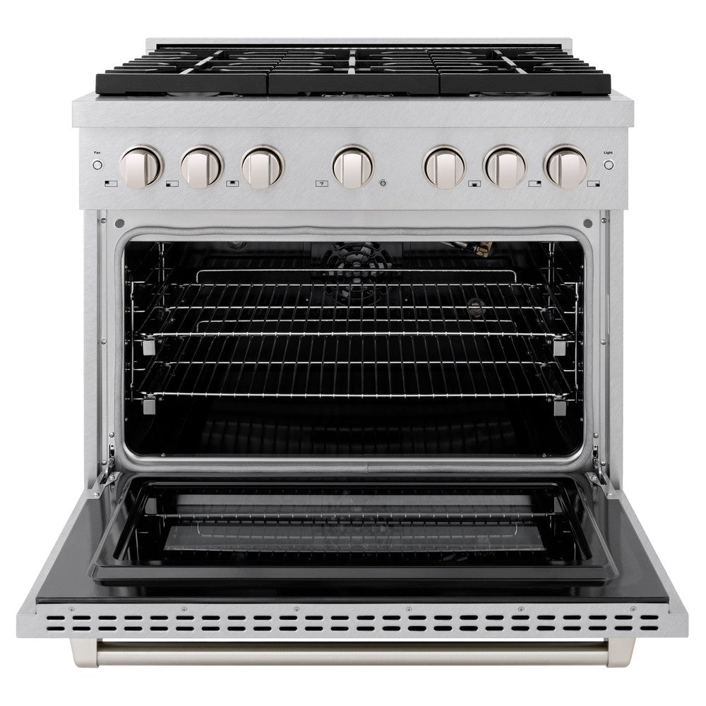 ZLINE Paramount 36" Dual Fuel Range with 6 Brass Burners, Gas Cooktop & Electric Convection Oven, Satin Stainless Steel, 5.2 cu. ft., SDRS-BR-36