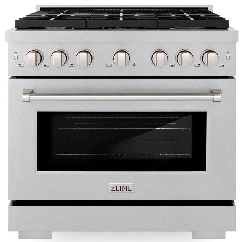 ZLINE Paramount 36" Dual Fuel Range with 6 Brass Burners, Gas Cooktop & Electric Convection Oven, Satin Stainless Steel, 5.2 cu. ft., SDRS-BR-36