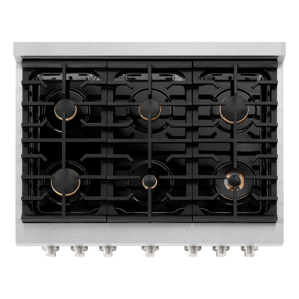 ZLINE Paramount 36" Dual Fuel Range with 6 Brass Burners, Gas Cooktop & Electric Convection Oven, Satin Stainless Steel, 5.2 cu. ft., SDRS-BR-36