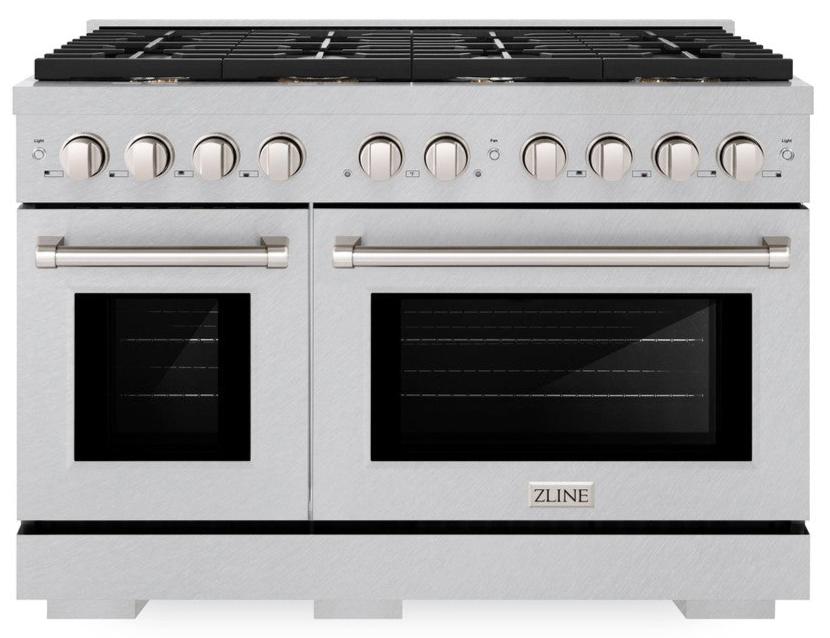 ZLINE Paramount 48 in. Double Oven Dual Fuel Range 6.7 cu. ft. with 8 Brass Burners in Satin Stainless Steel (SDRS-BR-48)