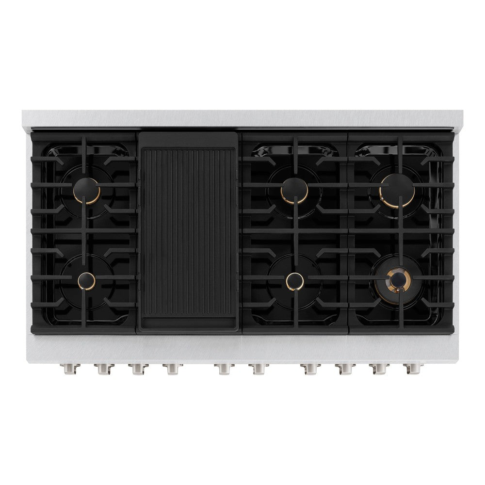 ZLINE Paramount 48 in. Double Oven Dual Fuel Range 6.7 cu. ft. with 8 Brass Burners in Satin Stainless Steel (SDRS-BR-48)