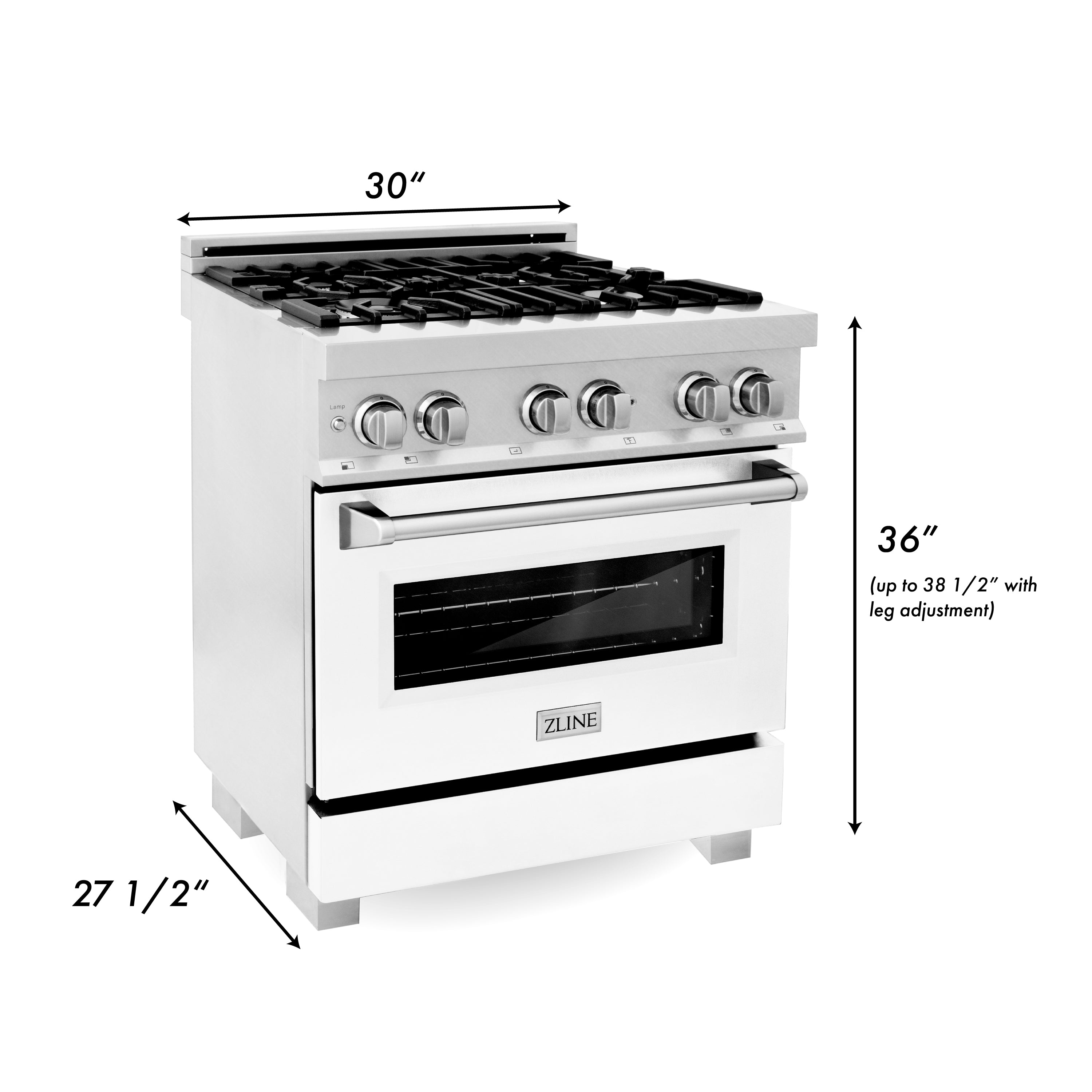 ZLINE 30-in Legacy Dual Fuel Range, 4.0 cu. ft., 4 Burner Gas Cooktop with Griddle and Electric Convection Oven, Satin Stainless Steel with White Matte Door, Model RAS-WM-GR-30