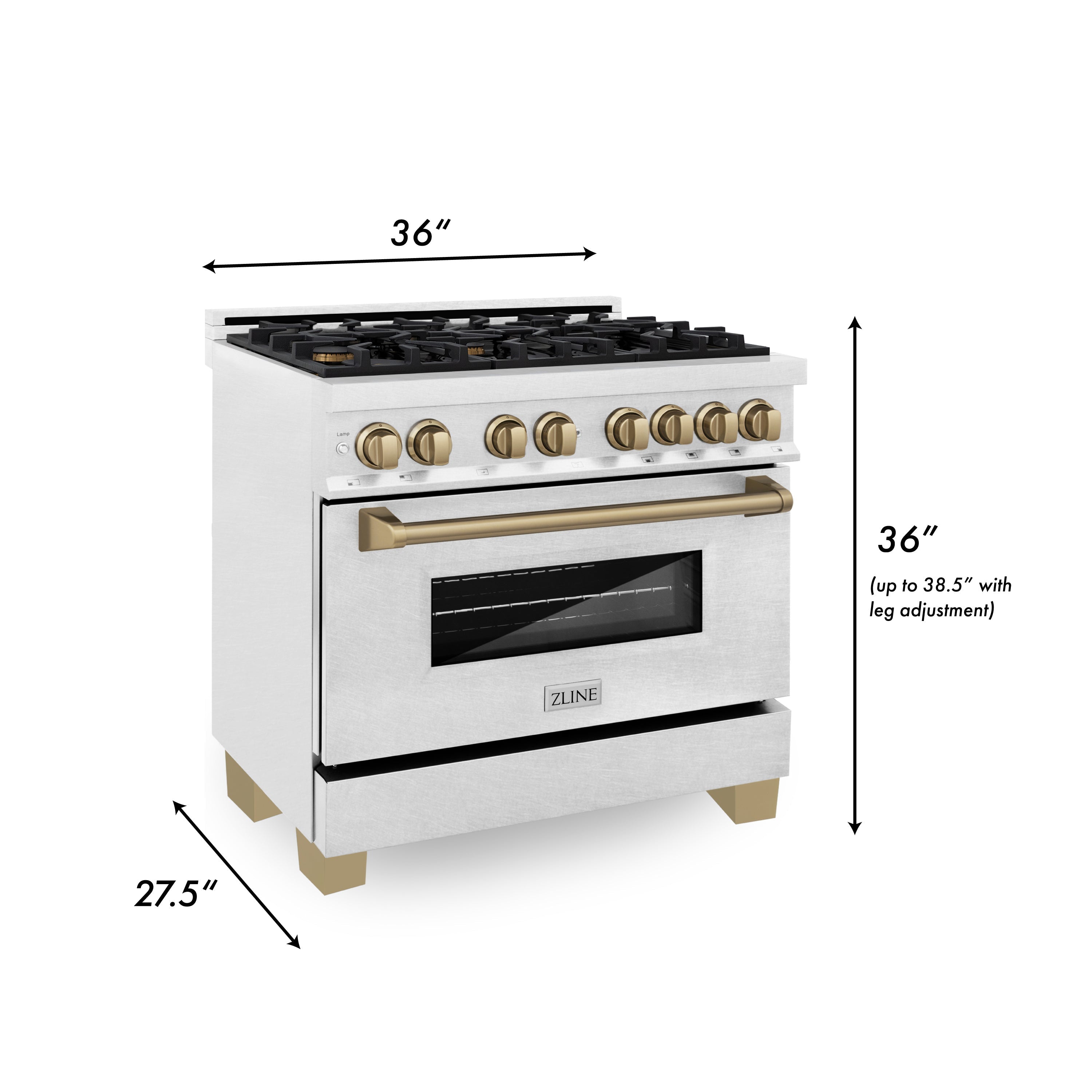 ZLINE Autograph Edition 36 in. 4.6 cu. ft. Legacy Dual Fuel Range with 6 Burner Gas Cooktop and Electric Convection Oven in Satin Stainless Steel with Champagne Bronze Accents (RASZ-SN-36-CB)