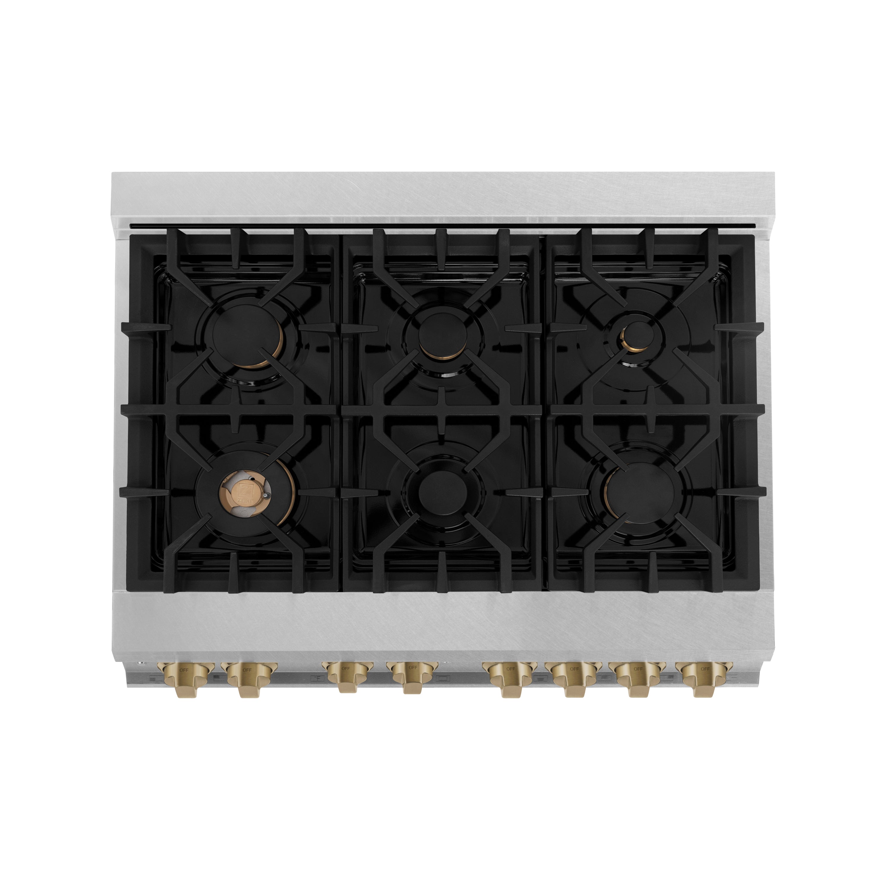 ZLINE Autograph Edition 36 in. 4.6 cu. ft. Legacy Dual Fuel Range with 6 Burner Gas Cooktop and Electric Convection Oven in Satin Stainless Steel with Champagne Bronze Accents (RASZ-SN-36-CB)