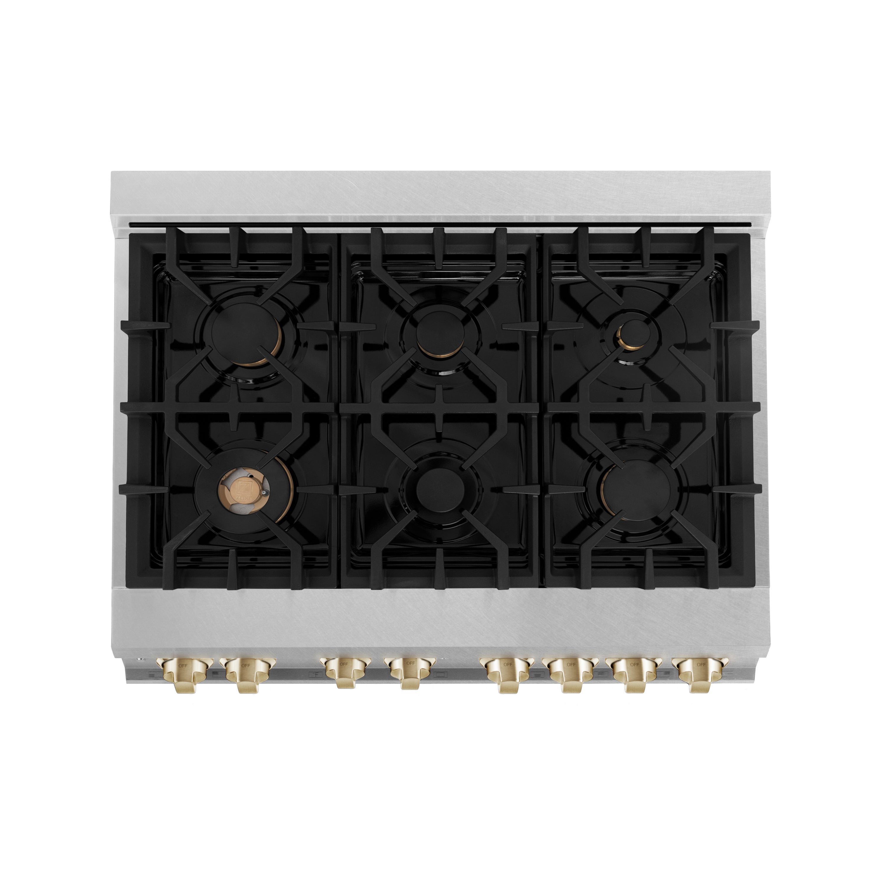 ZLINE Autograph 36 in. 4.6 cu. ft. Legacy Dual Fuel Range with 6 Gas Burners and Electric Convection Oven in Satin Stainless Steel with Polished Gold Accents (RASZ-SN-36-G)
