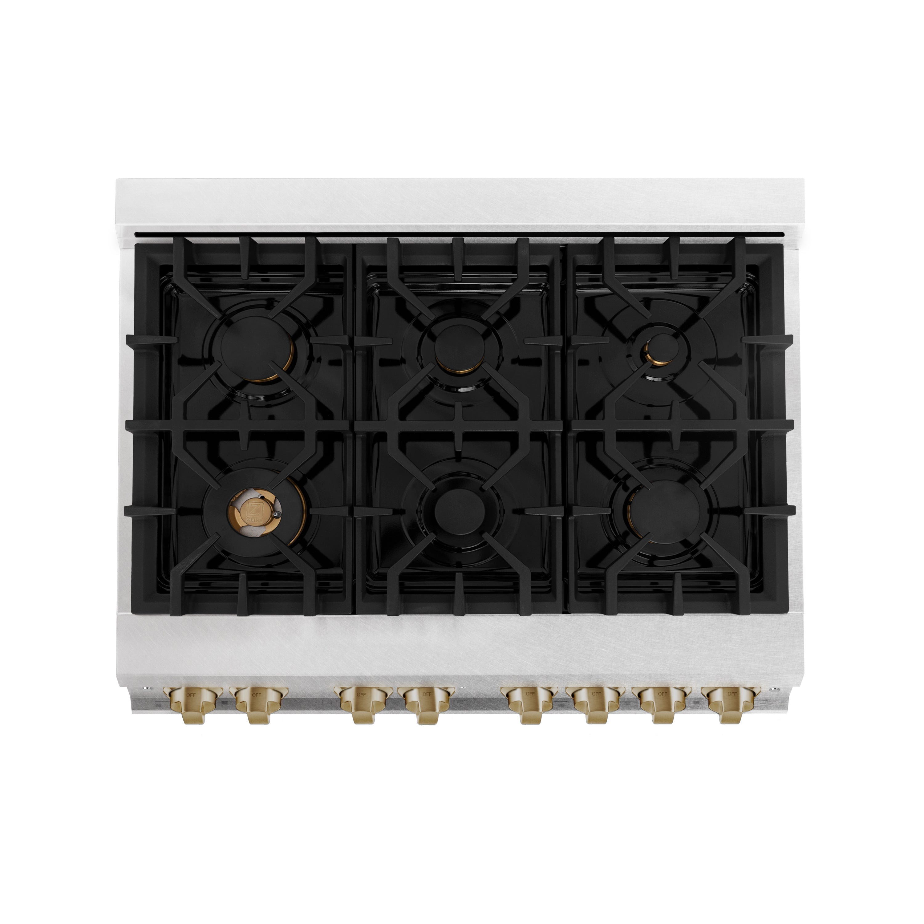 ZLINE Autograph Edition 36 in. 4.6 cu. ft. Legacy Dual Fuel Range with 6 Sealed Gas Burners and Electric Convection Oven in Satin Stainless Steel with White Matte Door and Champagne Bronze Accents (RASZ-WM-36-CB)