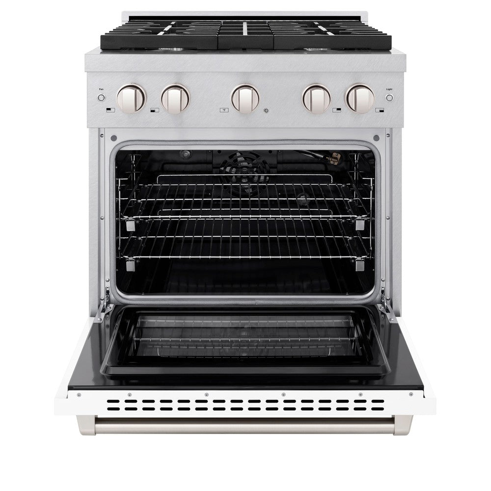 ZLINE 30 in. Paramount Dual Fuel Range, 4.2 cu. ft., 4 Burner Gas Cooktop with Electric Convection Oven, Satin Stainless Steel with White Matte Door (SDRS-WM-30)