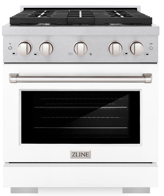ZLINE 30 in. Paramount Dual Fuel Range, 4.2 cu. ft., 4 Burner Gas Cooktop with Electric Convection Oven, Satin Stainless Steel with White Matte Door (SDRS-WM-30)