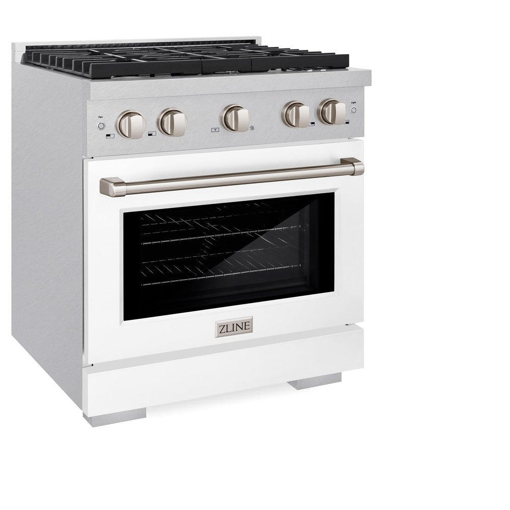 ZLINE 30 in. Paramount Dual Fuel Range, 4.2 cu. ft., 4 Burner Gas Cooktop with Electric Convection Oven, Satin Stainless Steel with White Matte Door (SDRS-WM-30)