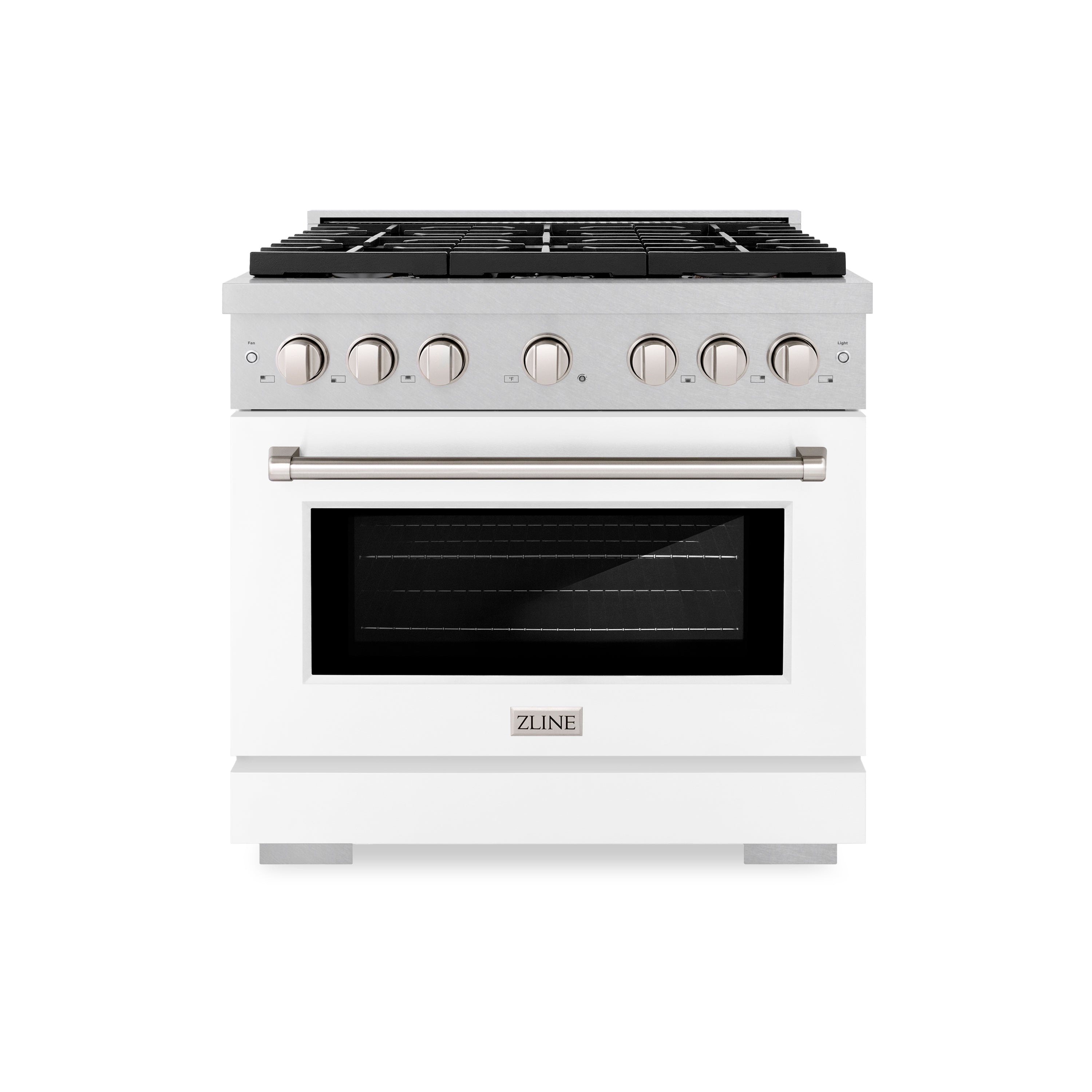ZLINE Paramount 36 in. Dual Fuel Range with 6 Gas Burners and Electric Convection Oven, 5.2 cu. ft., Satin Stainless Steel with White Matte Door (SDRS-WM-36)