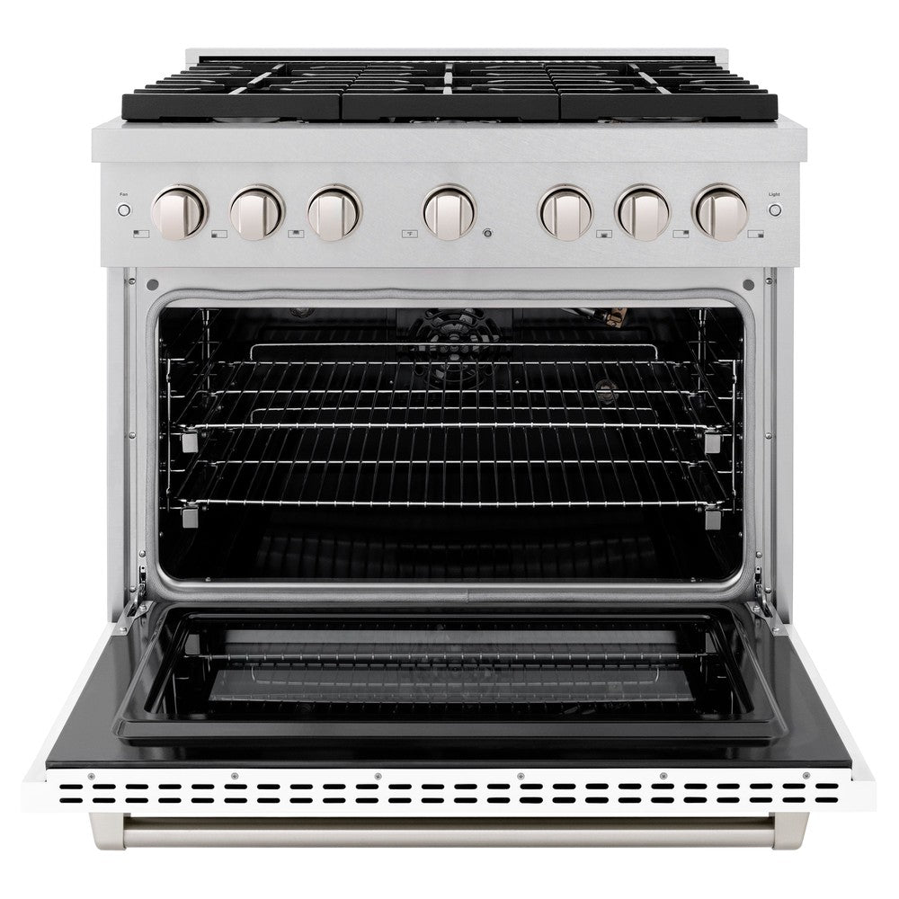 ZLINE Paramount 36 in. Dual Fuel Range with 6 Gas Burners and Electric Convection Oven, 5.2 cu. ft., Satin Stainless Steel with White Matte Door (SDRS-WM-36)
