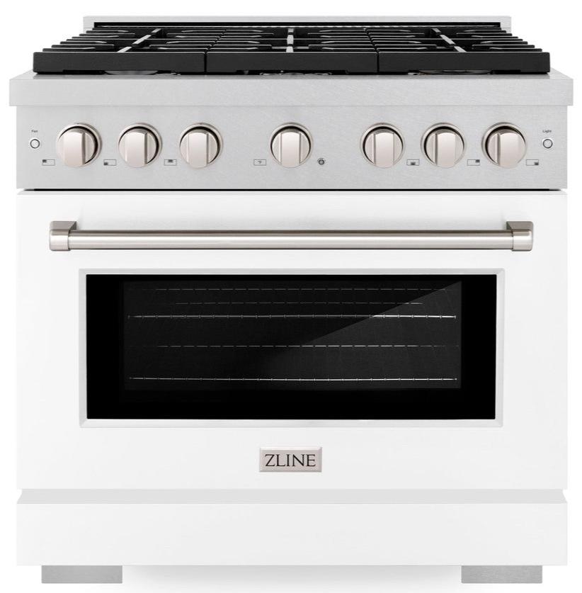 ZLINE Paramount 36 in. Dual Fuel Range with 6 Gas Burners and Electric Convection Oven, 5.2 cu. ft., Satin Stainless Steel with White Matte Door (SDRS-WM-36)
