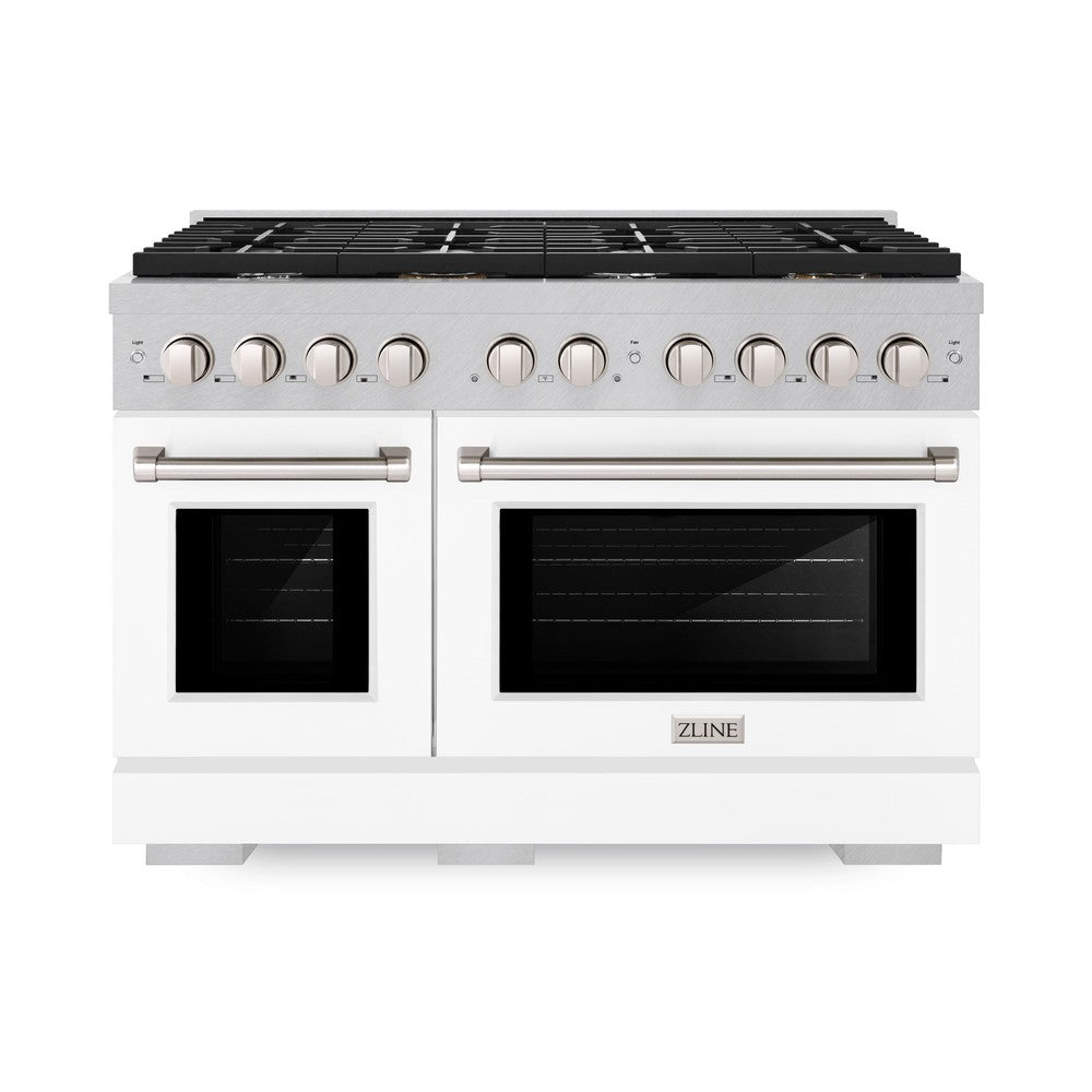 ZLINE 48-Inch Paramount Double Oven Dual Fuel Range with 8 Gas Burners, 6.7 cu. ft., Satin Stainless Steel with White Matte Doors (SDRS-WM-48)