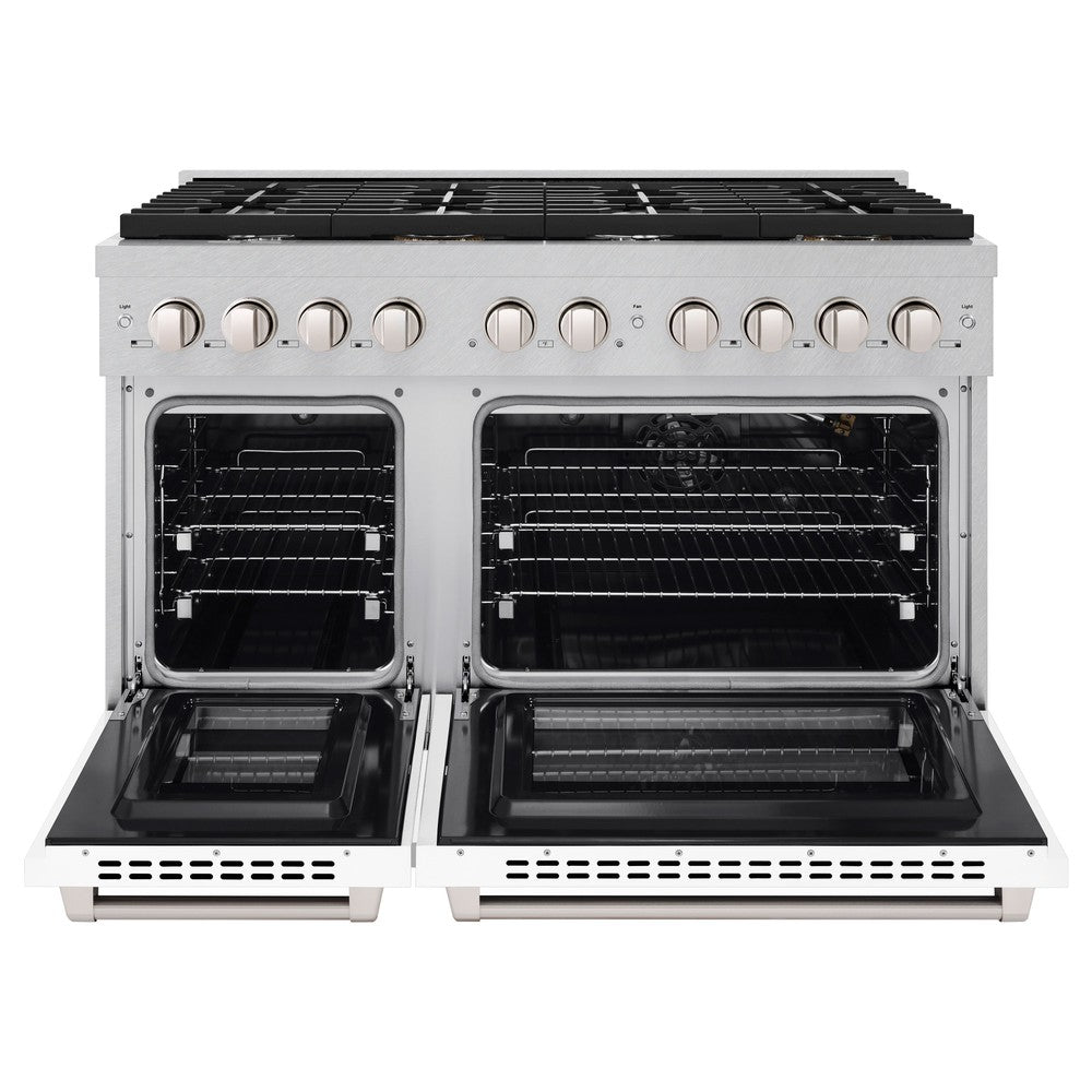ZLINE 48-Inch Paramount Double Oven Dual Fuel Range with 8 Gas Burners, 6.7 cu. ft., Satin Stainless Steel with White Matte Doors (SDRS-WM-48)