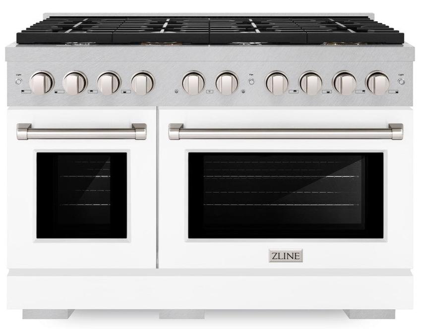 ZLINE 48-Inch Paramount Double Oven Dual Fuel Range with 8 Gas Burners, 6.7 cu. ft., Satin Stainless Steel with White Matte Doors (SDRS-WM-48)