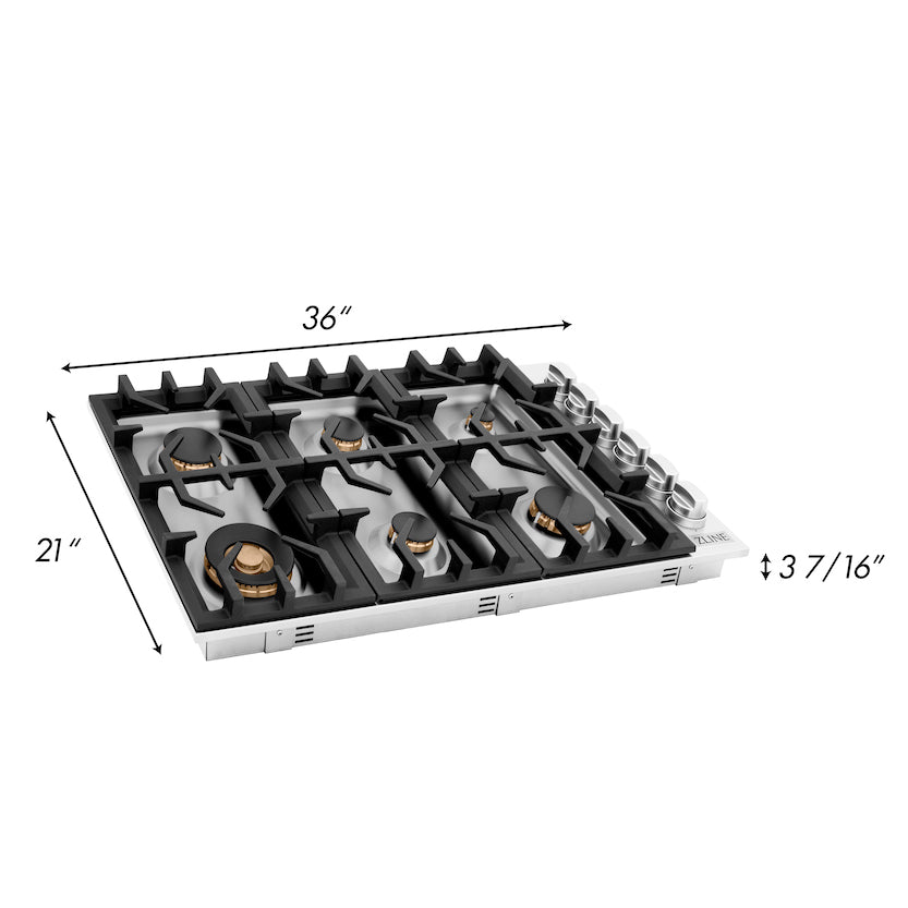 ZLINE 36" Gas Cooktop with 6 Gas Brass Burners, RC-BR-36