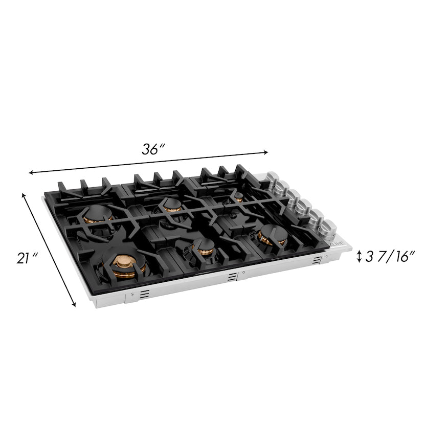 ZLINE 36" Gas Cooktop with 6 Gas Brass Burners and Black Porcelain Top, RC-BR-36-PBT