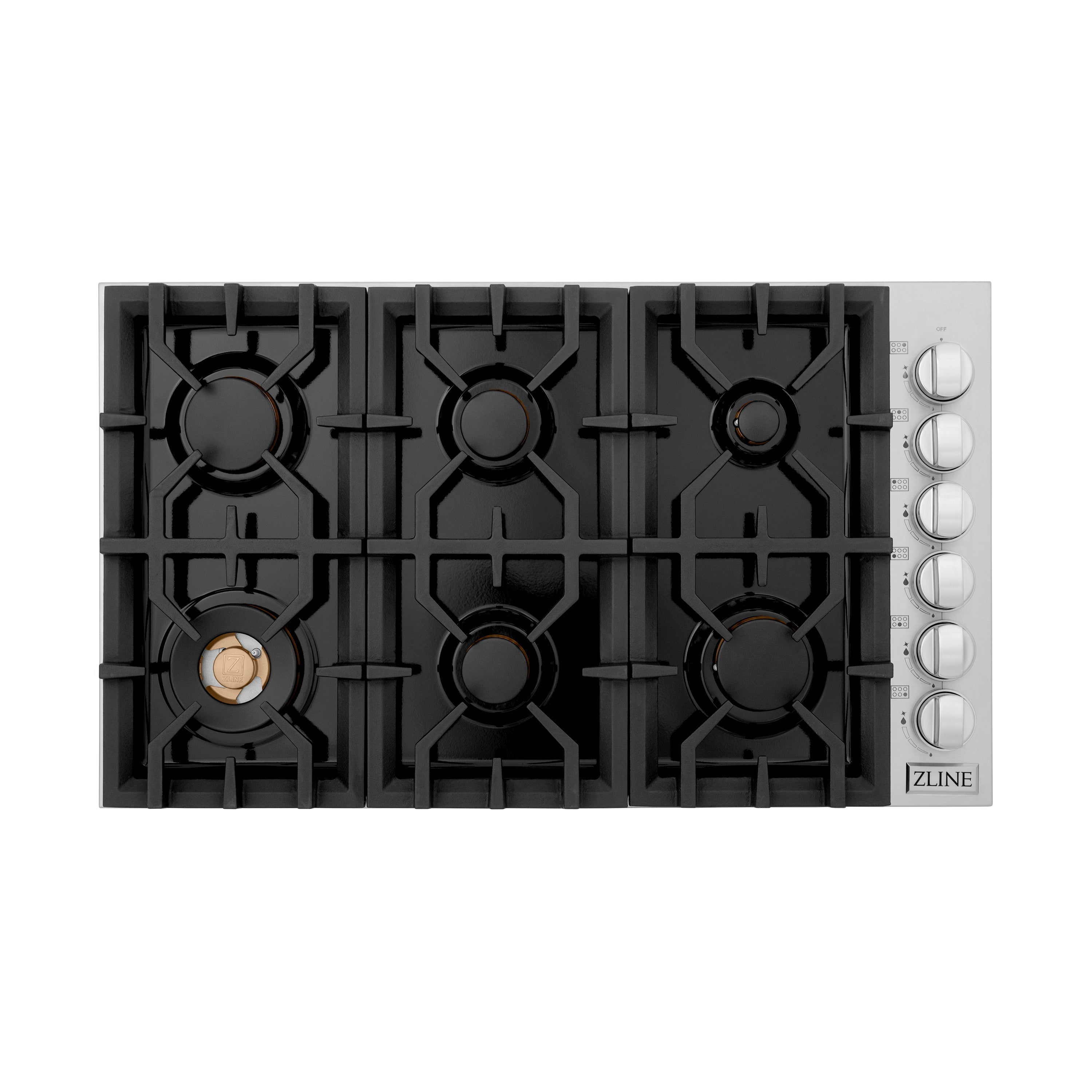 ZLINE 36" Gas Cooktop with 6 Gas Brass Burners and Black Porcelain Top, RC-BR-36-PBT