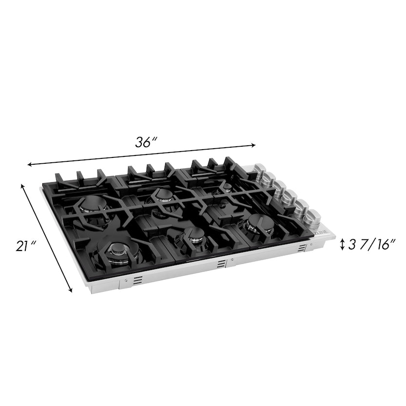 ZLINE 36" Gas Cooktop with 6 Gas Burners and Black Porcelain Top, RC36-PBT