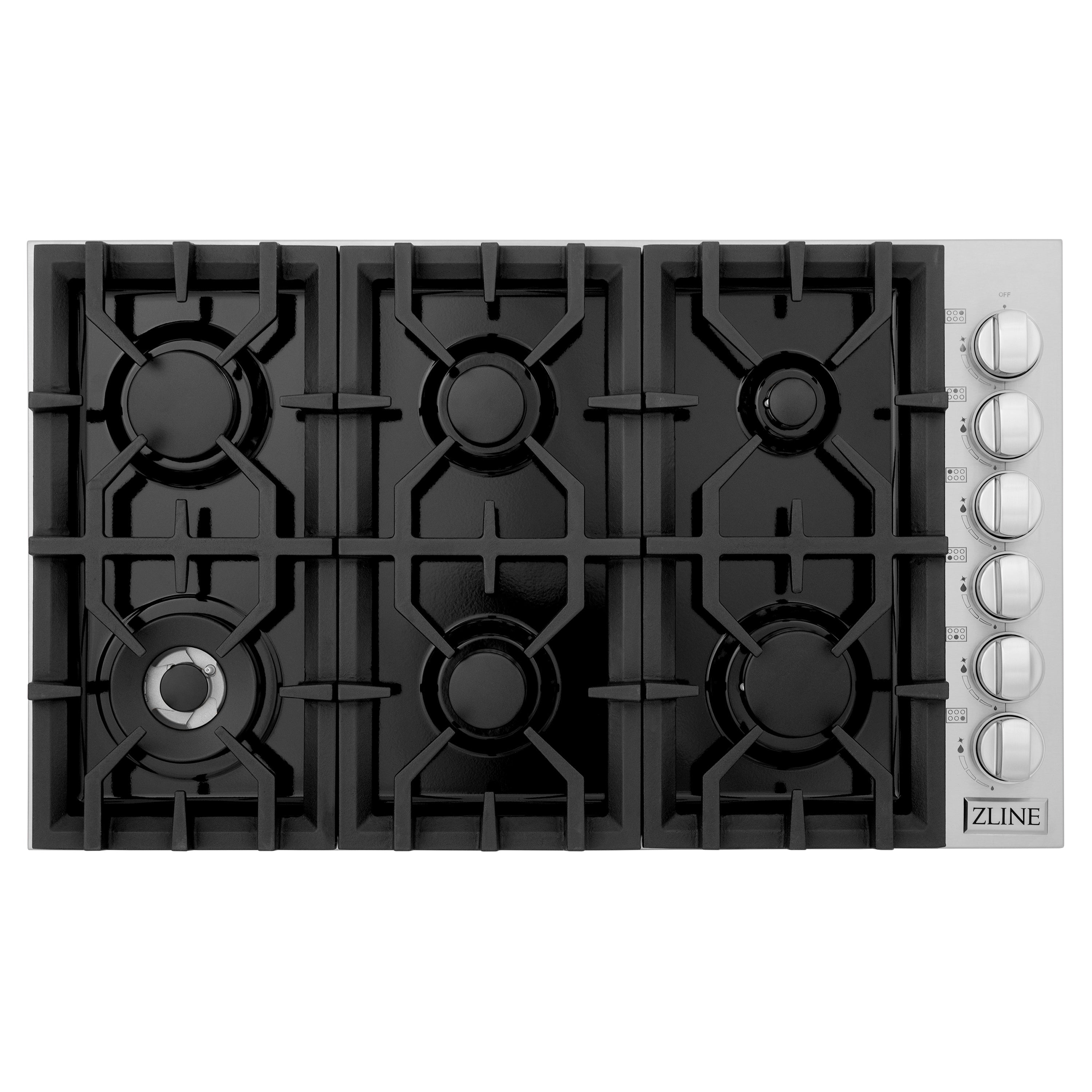 ZLINE 36" Gas Cooktop with 6 Gas Burners and Black Porcelain Top, RC36-PBT