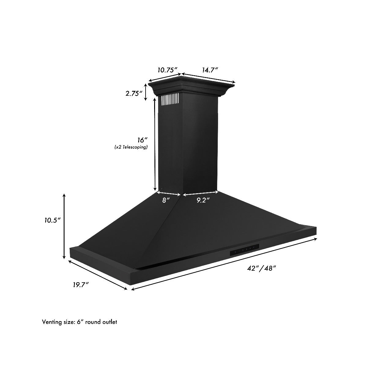 ZLINE 48 in. Wall Mount Range Hood Convertible Vent Black Stainless Steel with Crown Molding (BSKBNCRN-48)