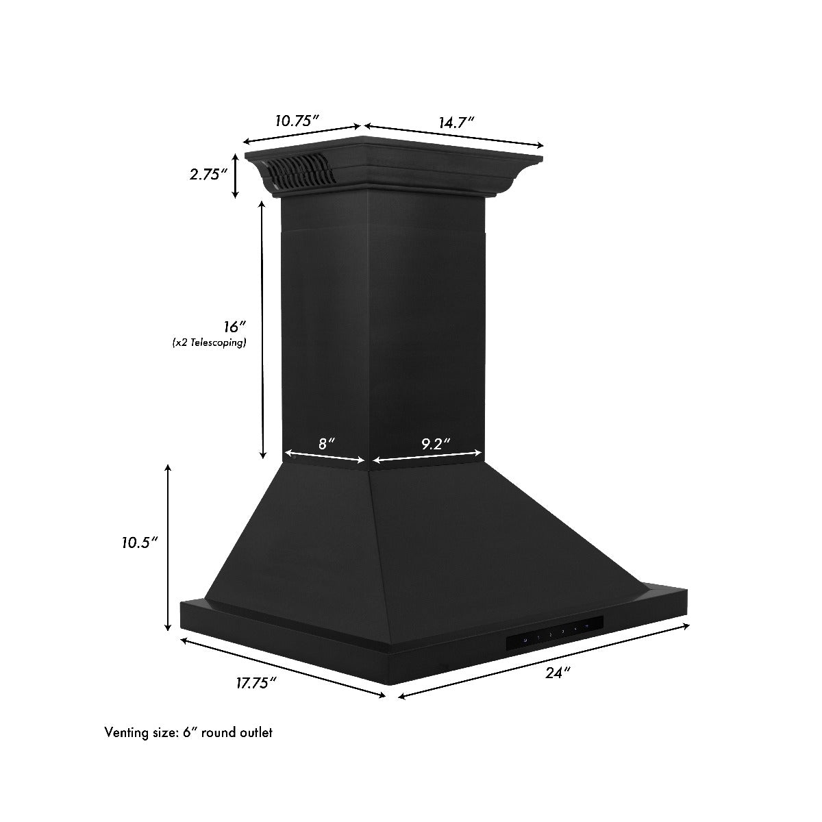 ZLINE 24 in. Wall Mount Range Hood Black Stainless Steel Bluetooth CrownSound® 400 CFM (BSKBNCRN-BT-24)