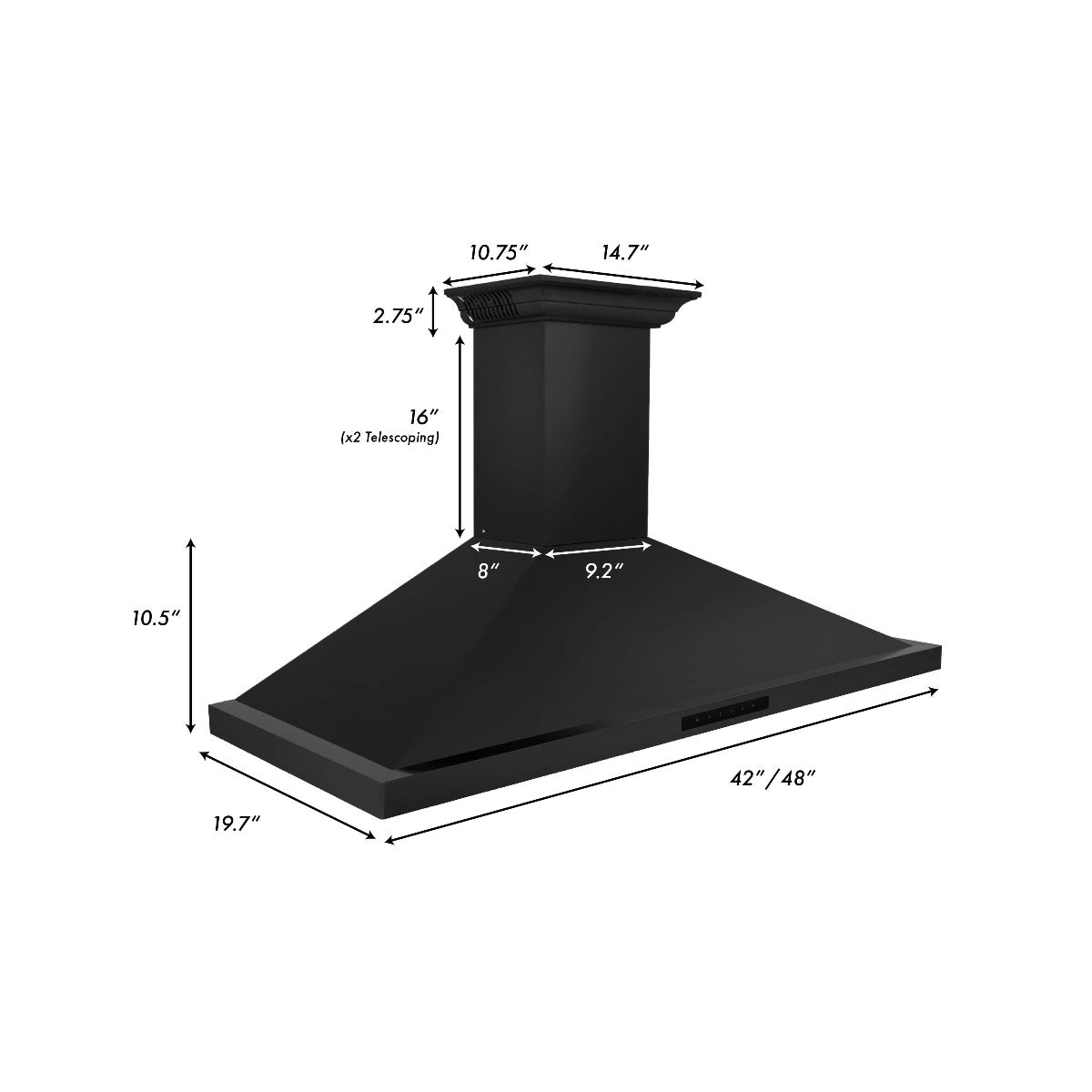 ZLINE 48 in. Wall Mount Range Hood Black Stainless Steel Bluetooth Crown Molding BSKBNCRN-BT-48