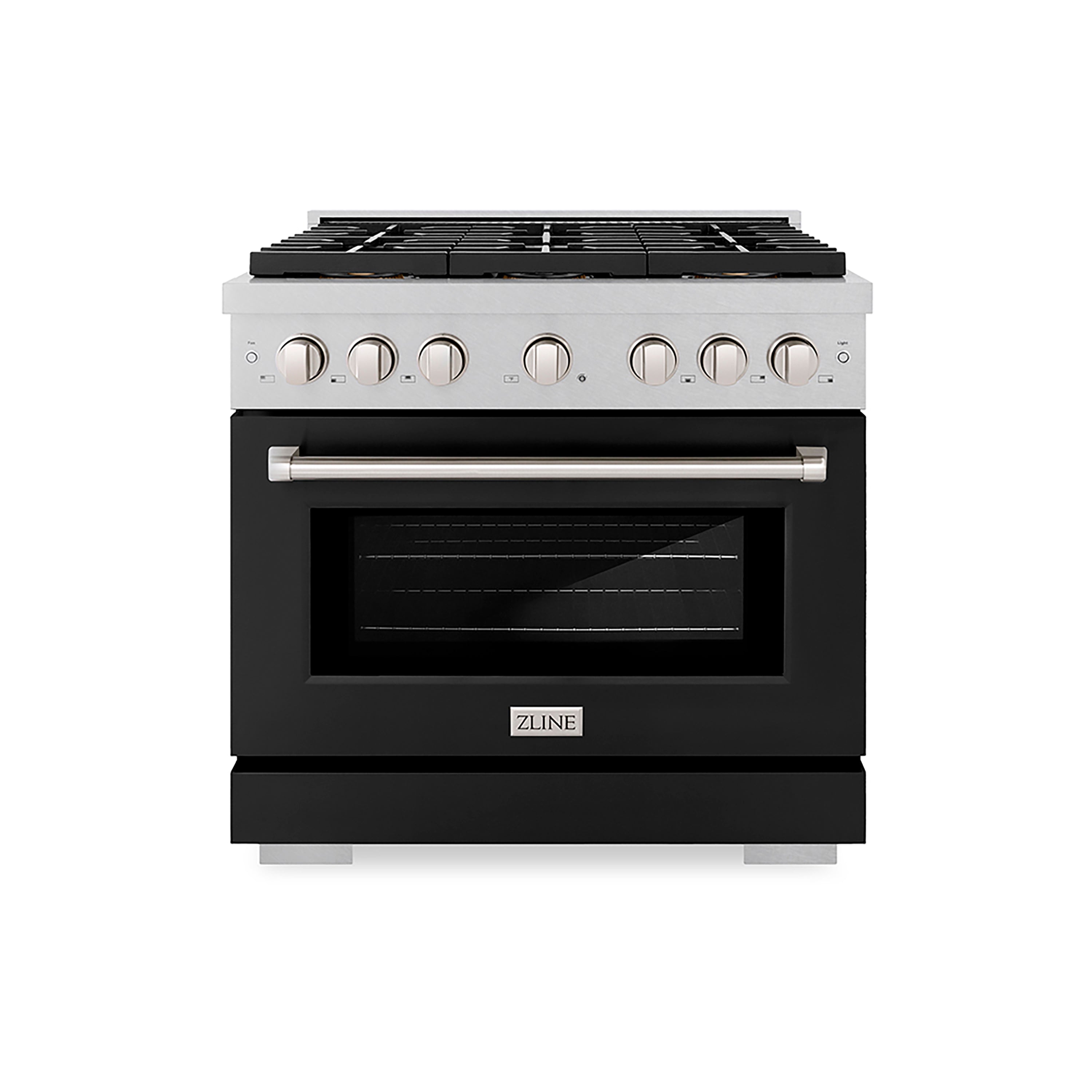ZLINE 36 in. Dual Fuel Range 5.2 cu. ft. 6 Burner DuoPro™ Cooktop Electric Convection Oven Satin Stainless Steel with Black Matte Door (PSDRS-BLM-36)