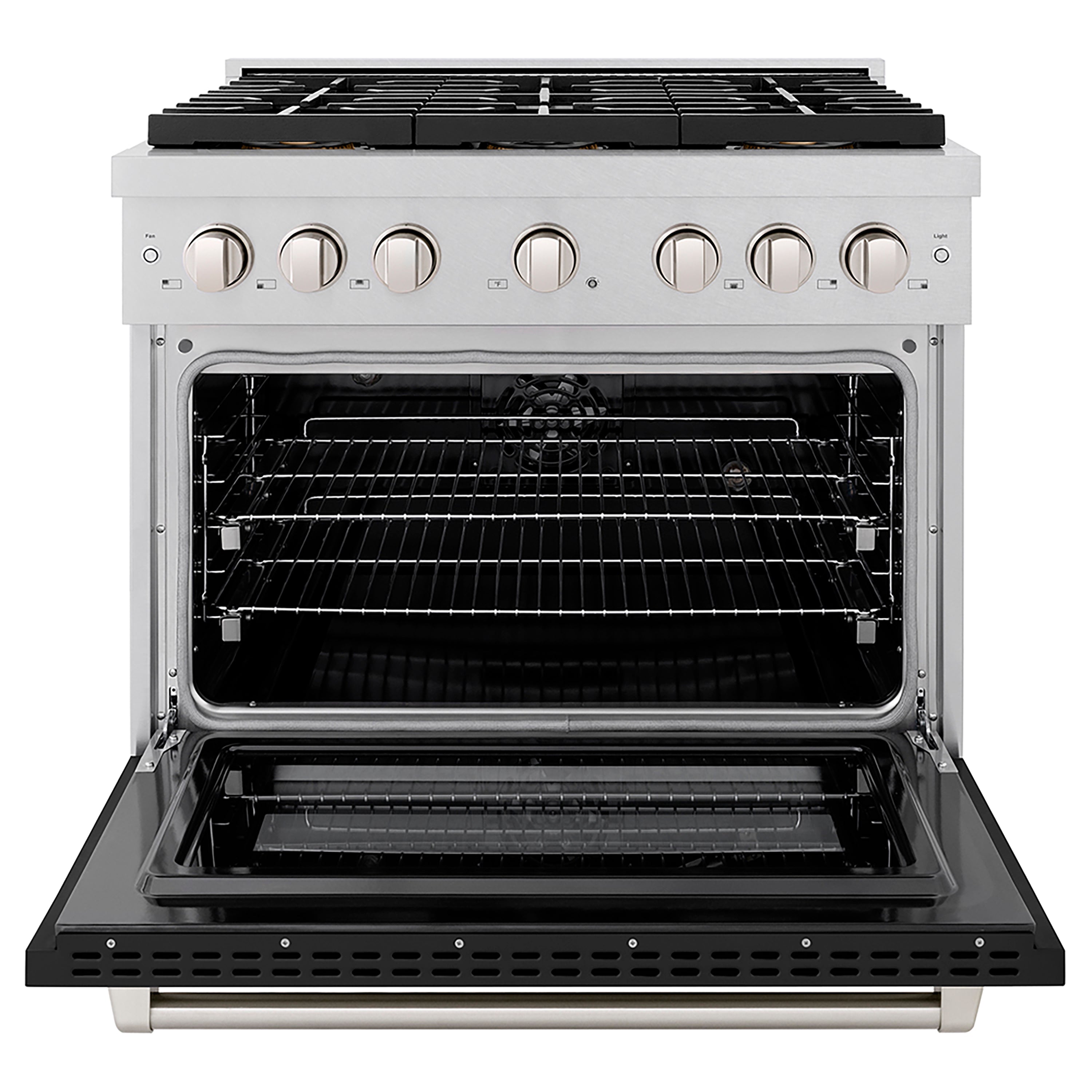ZLINE 36 in. Dual Fuel Range 5.2 cu. ft. 6 Burner DuoPro™ Cooktop Electric Convection Oven Satin Stainless Steel with Black Matte Door (PSDRS-BLM-36)