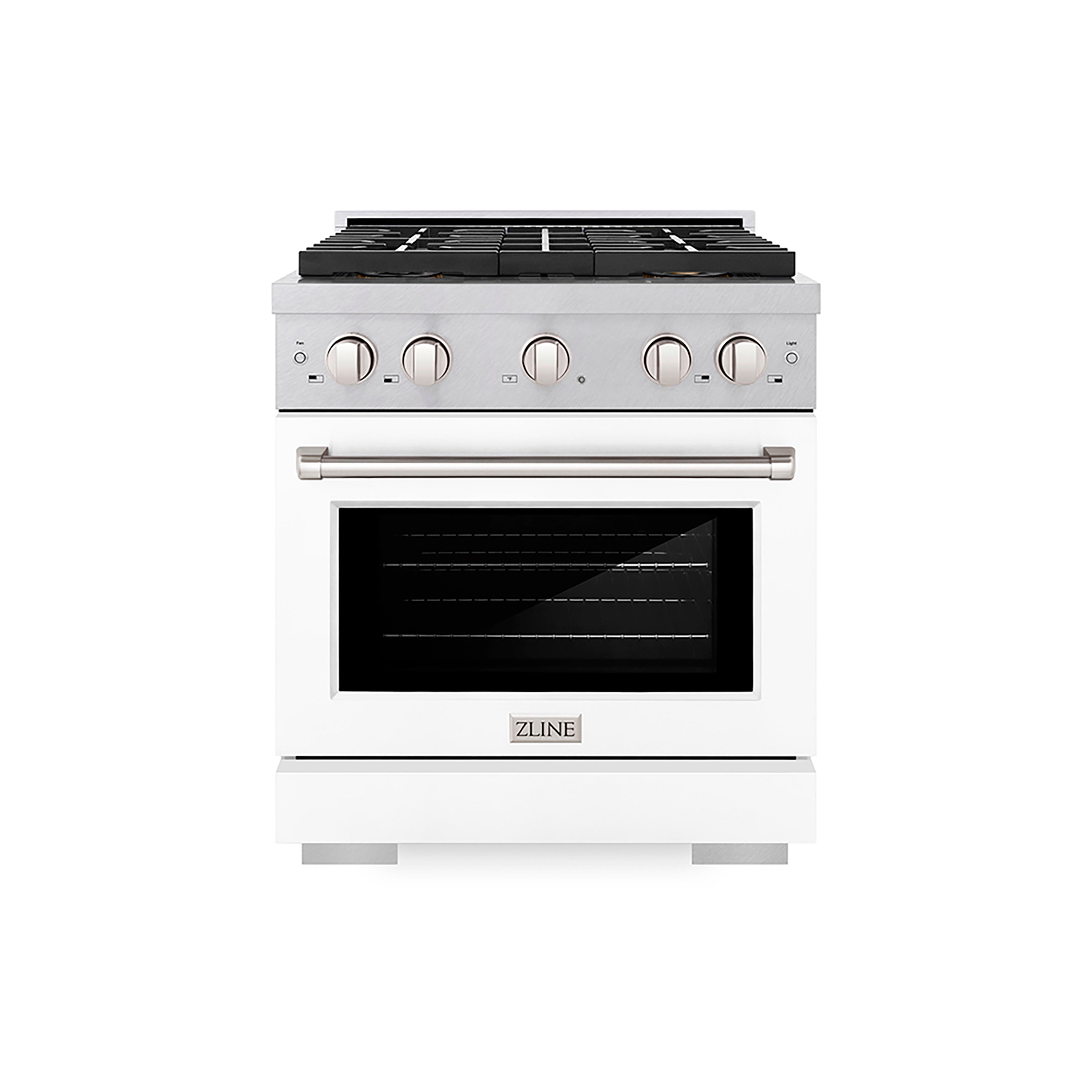 ZLINE 30 in. Dual Fuel Range – 4.2 cu. ft. Capacity, 4 Burner DuoPro™ Cooktop, Electric Convection Oven, Satin Stainless Steel with White Matte Door (PSDRS-WM-30)