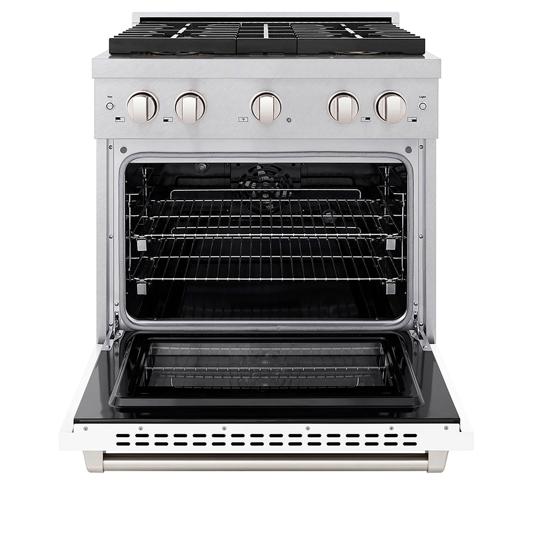 ZLINE 30 in. Dual Fuel Range – 4.2 cu. ft. Capacity, 4 Burner DuoPro™ Cooktop, Electric Convection Oven, Satin Stainless Steel with White Matte Door (PSDRS-WM-30)