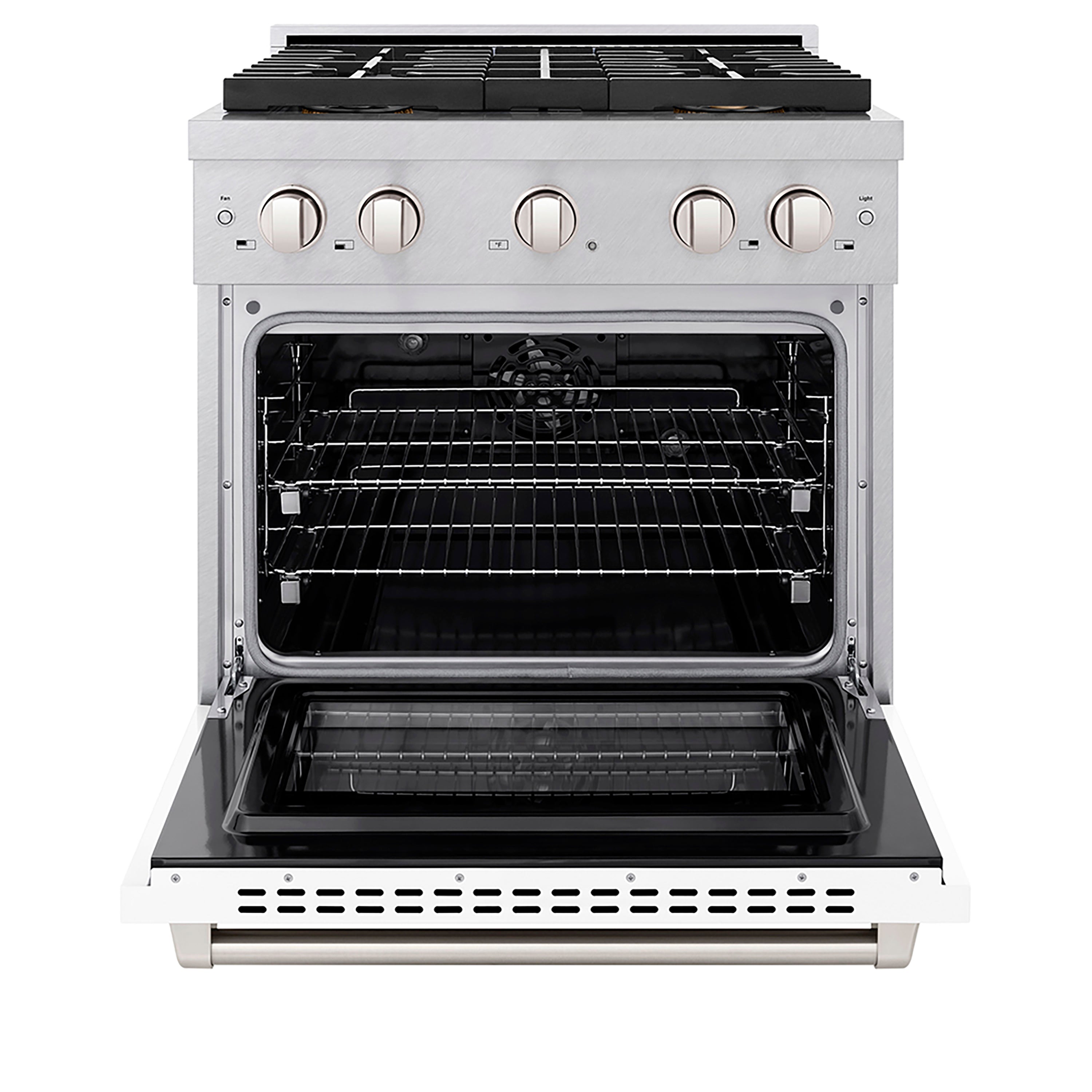 ZLINE 30 in. Dual Fuel Range – 4.2 cu. ft. Capacity, 4 Burner DuoPro™ Cooktop, Electric Convection Oven, Satin Stainless Steel with White Matte Door (PSDRS-WM-30)