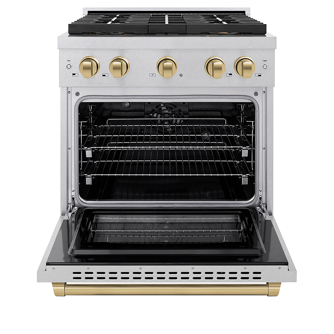 ZLINE 30 in. Dual Fuel Range 4.2 cu. ft. – 4 Burner DuoPro™ Cooktop, Electric Convection Oven, Satin Stainless Steel with Champagne Bronze Accents (PSDRSZ-30-CB)