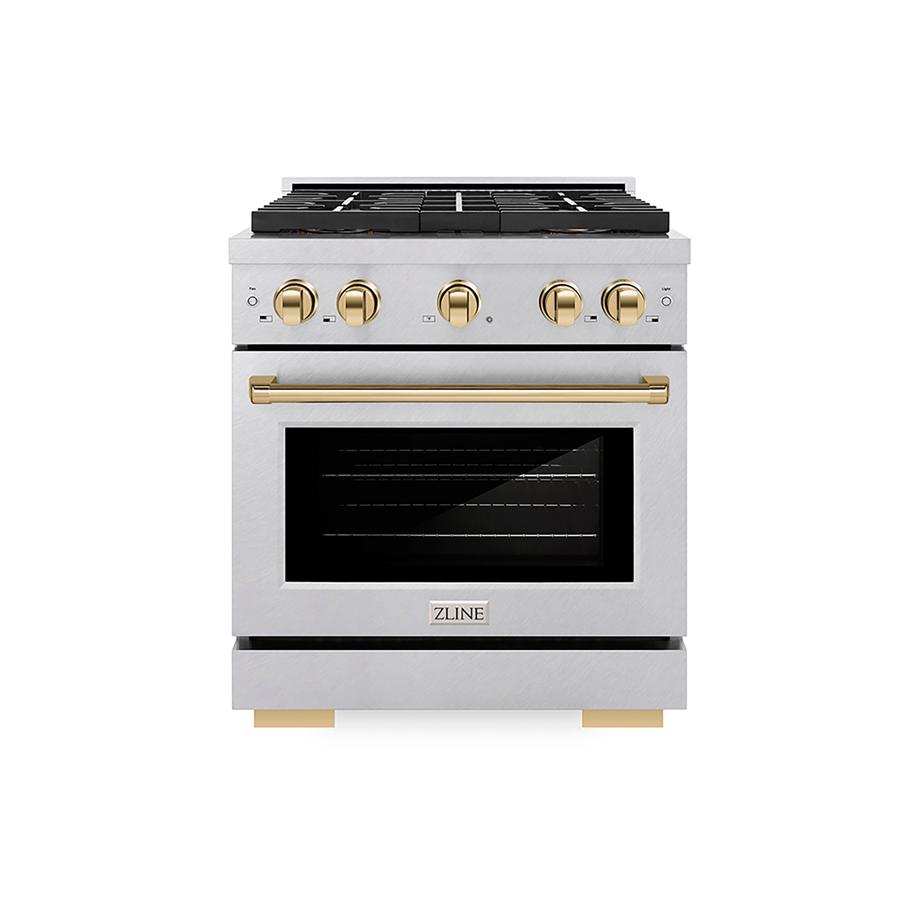 ZLINE 30 in. Dual Fuel Range 4.2 cu. ft. Paramount Series with 4 Burner DuoPro™ Cooktop, Electric Convection Oven, Satin Stainless Steel with Polished Gold Accents (PSDRSZ-30-G)