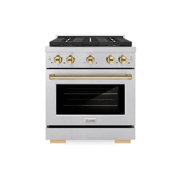 ZLINE 30 in. Dual Fuel Range 4.2 cu. ft. Paramount Series with 4 Burner DuoPro™ Cooktop, Electric Convection Oven, Satin Stainless Steel with Polished Gold Accents (PSDRSZ-30-G)