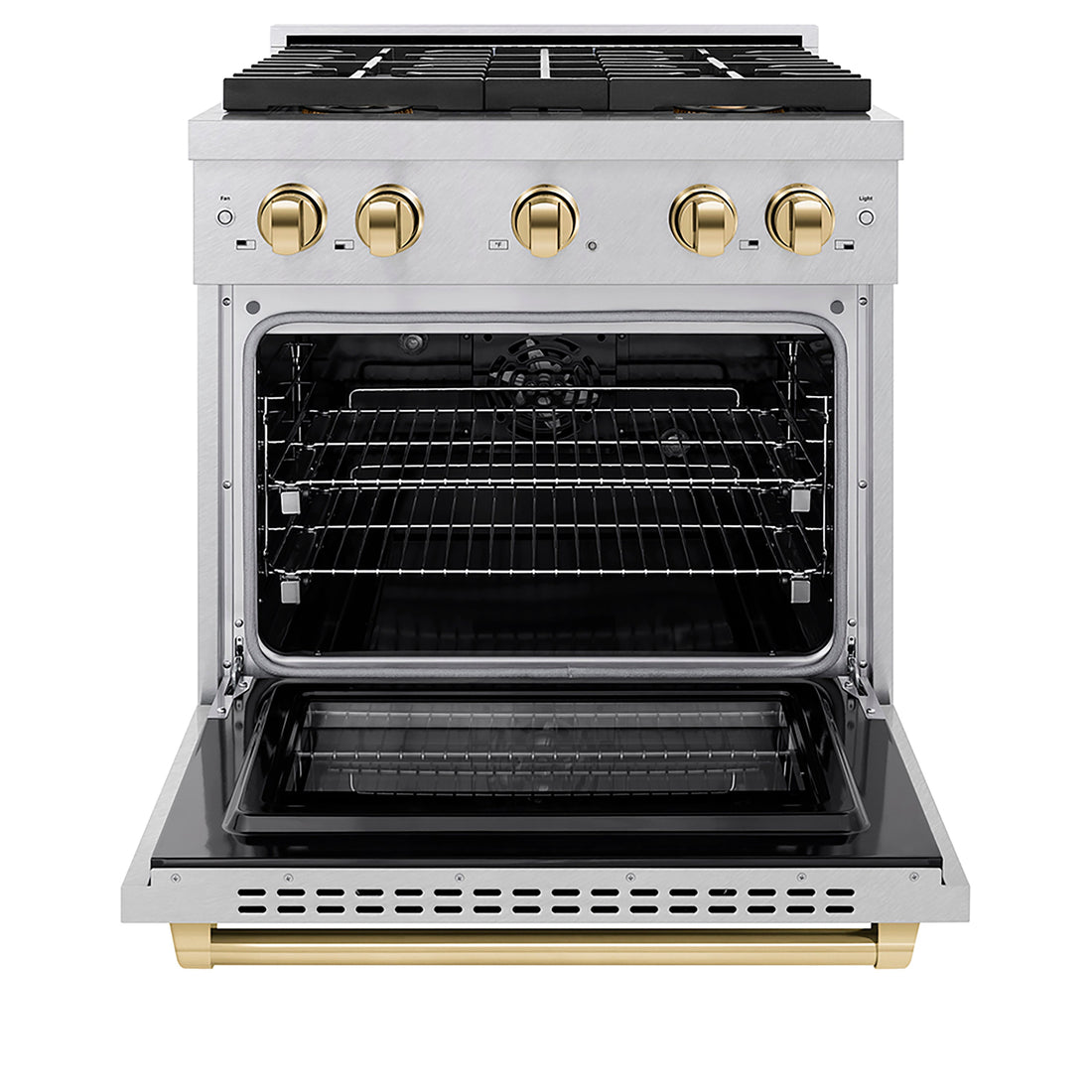 ZLINE 30 in. Dual Fuel Range 4.2 cu. ft. Paramount Series with 4 Burner DuoPro™ Cooktop, Electric Convection Oven, Satin Stainless Steel with Polished Gold Accents (PSDRSZ-30-G)