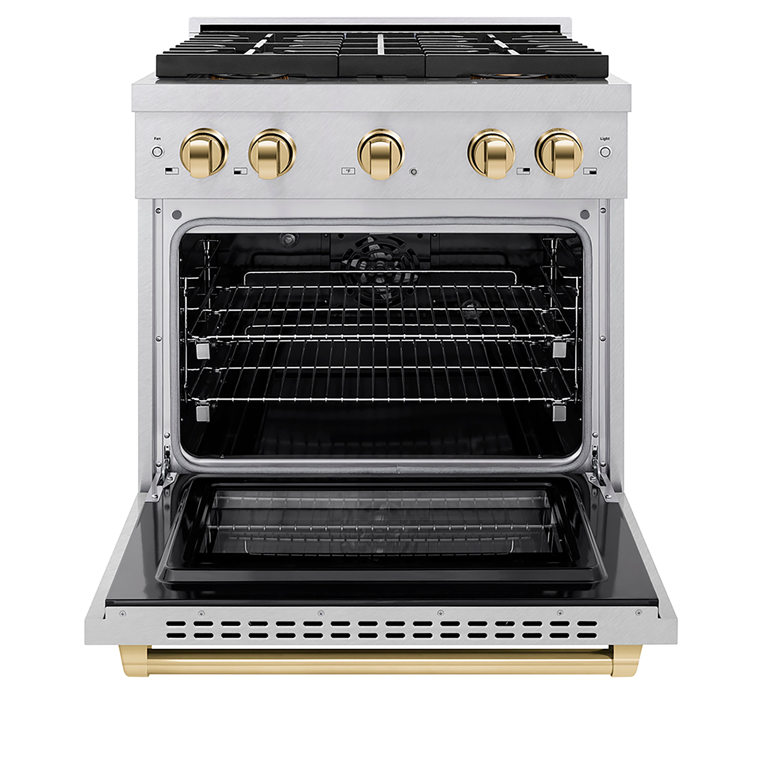 ZLINE 30 in. Dual Fuel Range 4.2 cu. ft. Paramount Series with 4 Burner DuoPro™ Cooktop, Electric Convection Oven, Satin Stainless Steel with Polished Gold Accents (PSDRSZ-30-G)