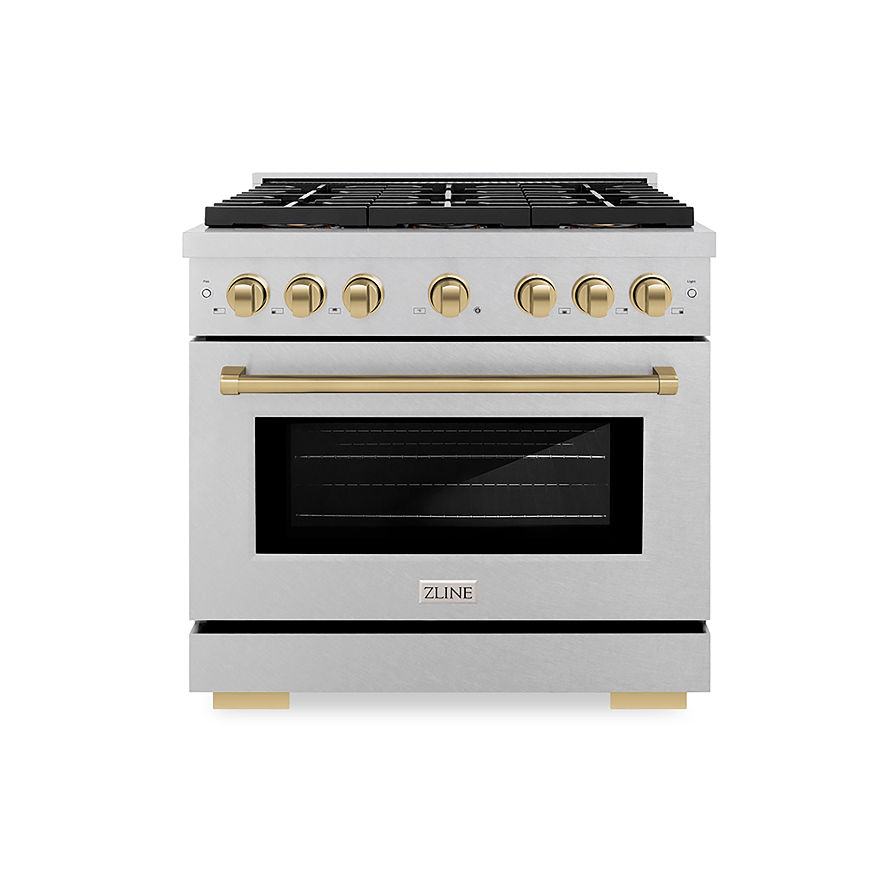 ZLINE 36 in. Dual Fuel Range 5.2 cu. ft. 6 Burner DuoPro™ Cooktop Electric Convection Oven Satin Stainless Steel Champagne Bronze Accents (PSDRSZ-36-CB)