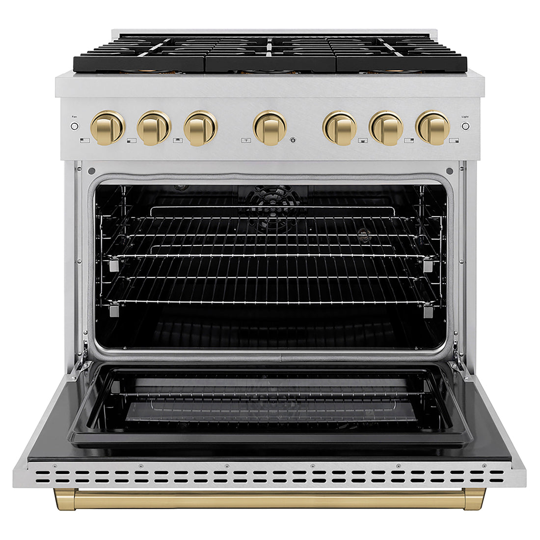 ZLINE 36 in. Dual Fuel Range 5.2 cu. ft. 6 Burner DuoPro™ Cooktop Electric Convection Oven Satin Stainless Steel Champagne Bronze Accents (PSDRSZ-36-CB)