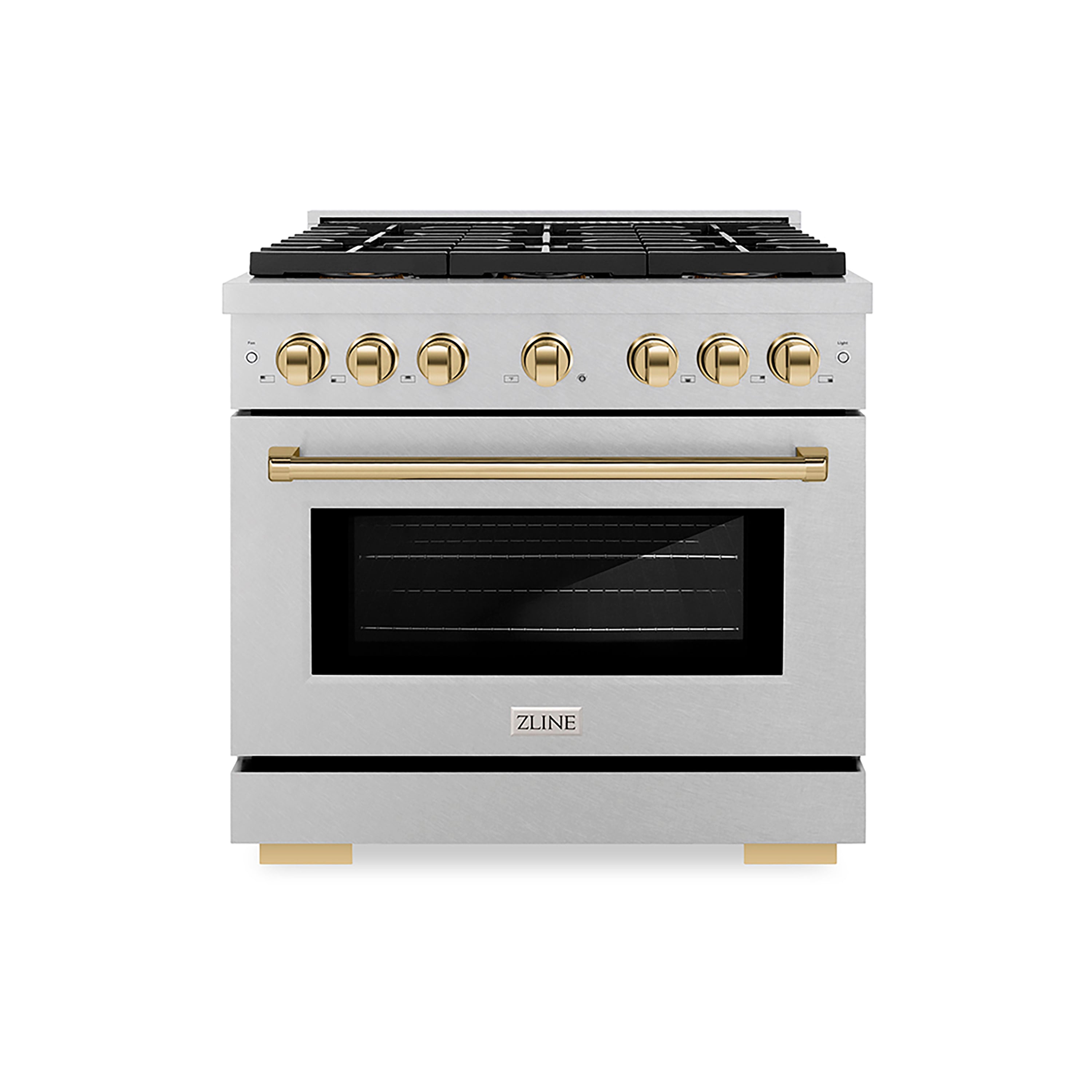 ZLINE 36 in. Paramount Autograph Edition Dual Fuel Range – 5.2 cu. ft. Capacity, 6 Burner DuoPro™ Cooktop, Electric Convection Oven, Satin Stainless Steel with Polished Gold Accents (PSDRSZ-36-G)