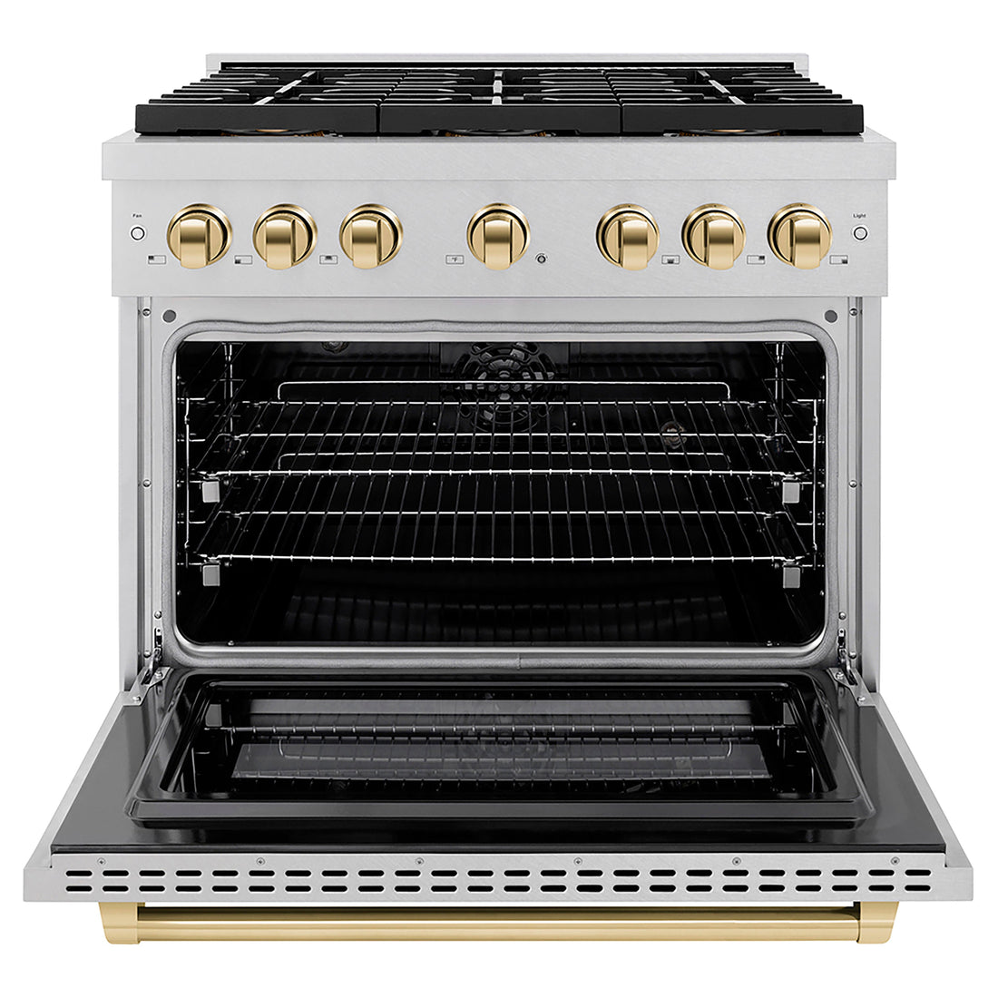 ZLINE 36 in. Paramount Autograph Edition Dual Fuel Range – 5.2 cu. ft. Capacity, 6 Burner DuoPro™ Cooktop, Electric Convection Oven, Satin Stainless Steel with Polished Gold Accents (PSDRSZ-36-G)