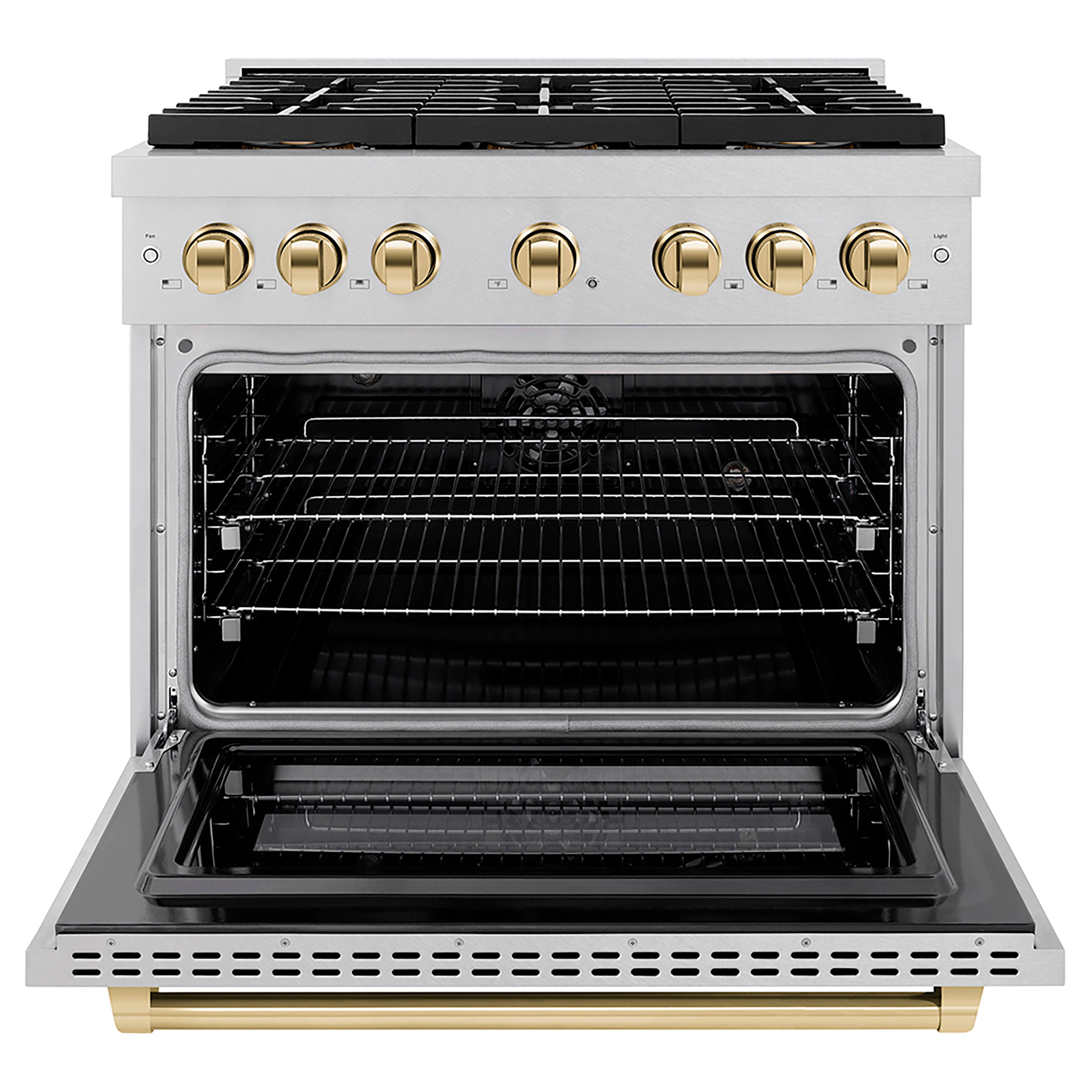 ZLINE 36 in. Paramount Autograph Edition Dual Fuel Range – 5.2 cu. ft. Capacity, 6 Burner DuoPro™ Cooktop, Electric Convection Oven, Satin Stainless Steel with Polished Gold Accents (PSDRSZ-36-G)