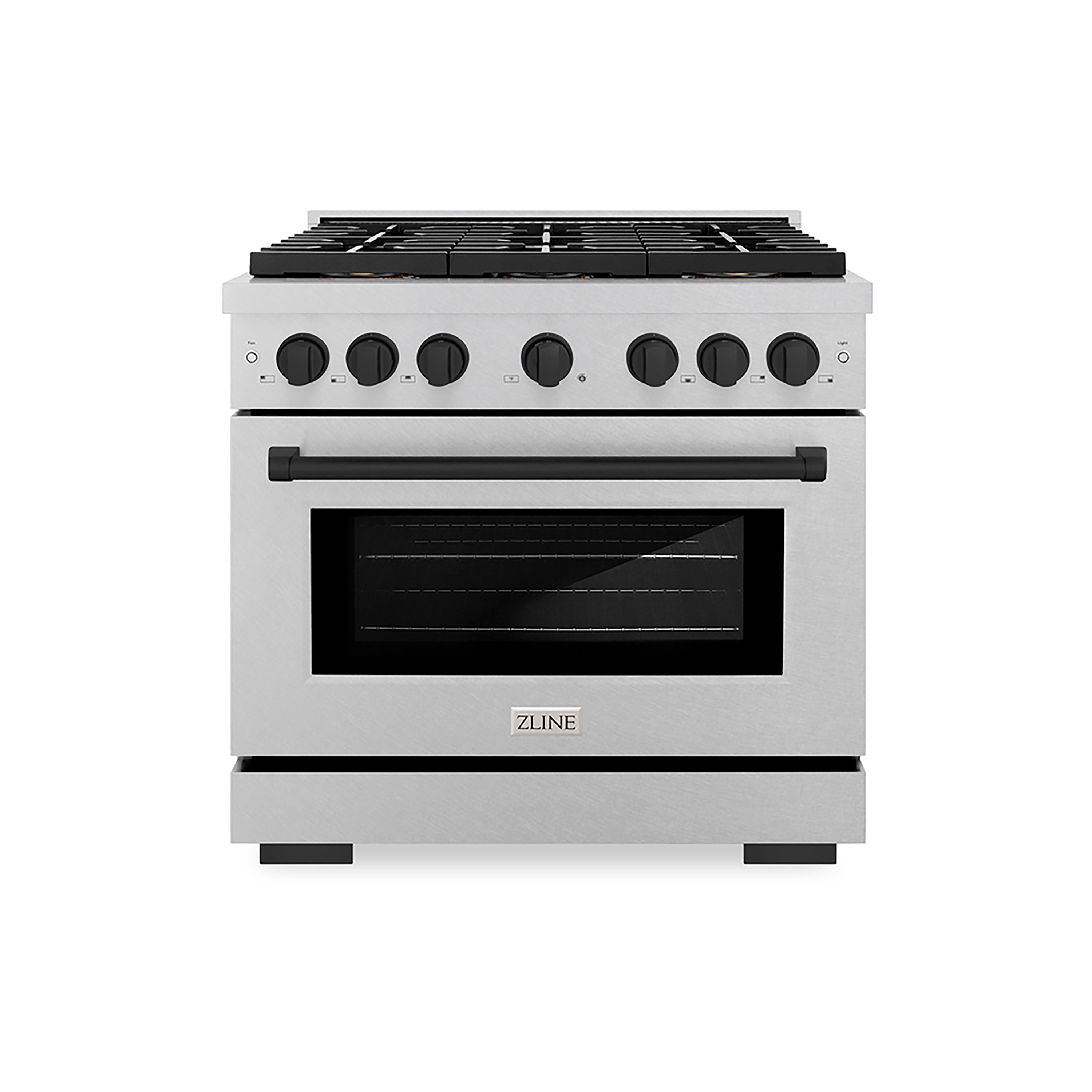 ZLINE 36 in. Dual Fuel Range 5.2 cu. ft. 6 Burner DuoPro™ Cooktop Electric Convection Oven Satin Stainless Steel with Matte Black Accents (PSDRSZ-36-MB)