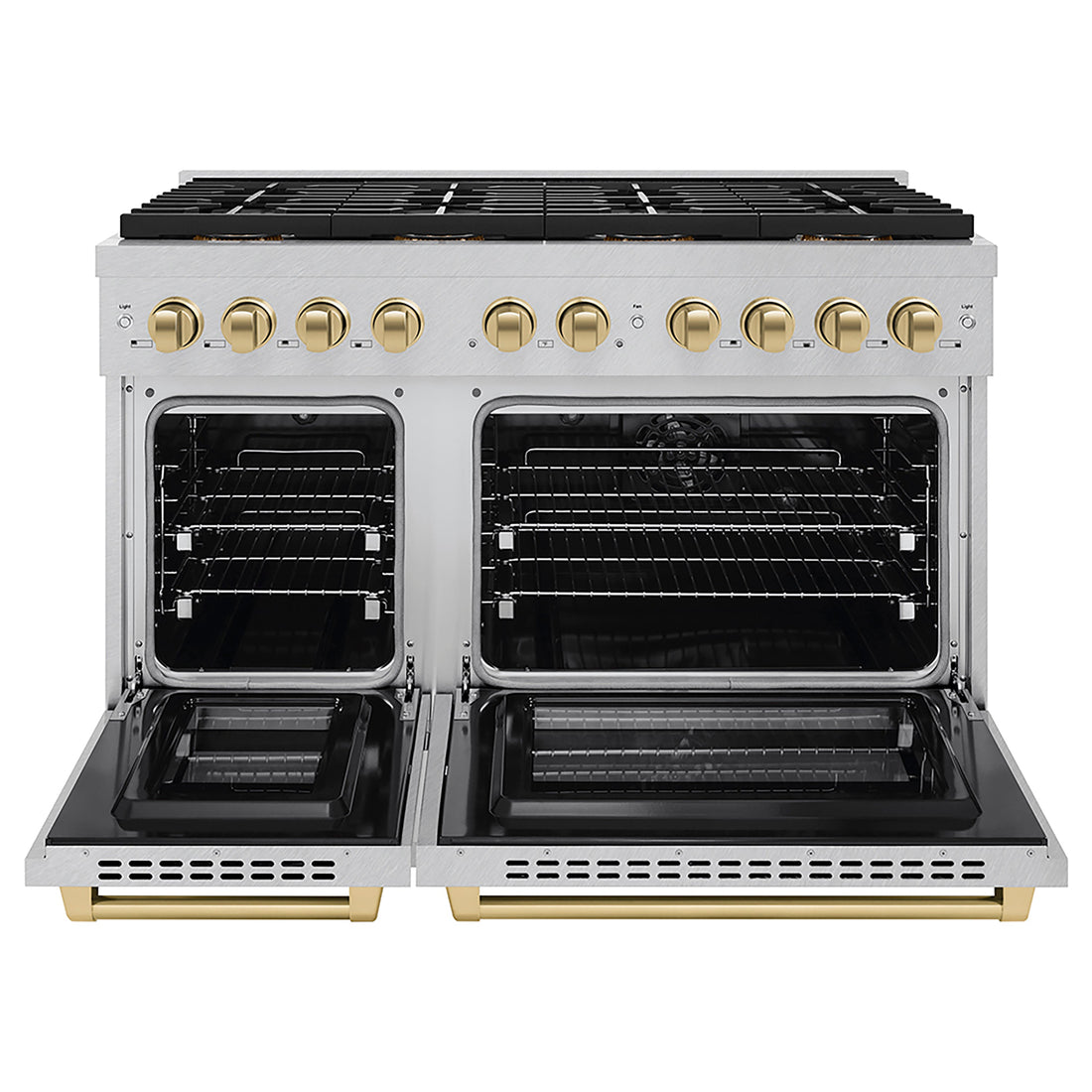 ZLINE 48 in. Dual Fuel Range 6.7 cu. ft. 8 Burner DuoPro™ Cooktop Dual Ovens Satin Stainless Steel with Champagne Bronze Accents (PSDRSZ-48-CB)
